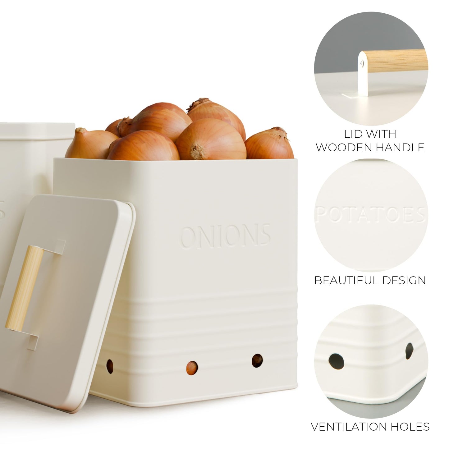 Beautiful Potato and Onion Storage Container Set - Perfectly Sized Spacious Canisters For Your Kitchen Counter Or Pantry - Quality Food Safe Metal Bins Keep Your Produce/Vegetables Fresh Longer