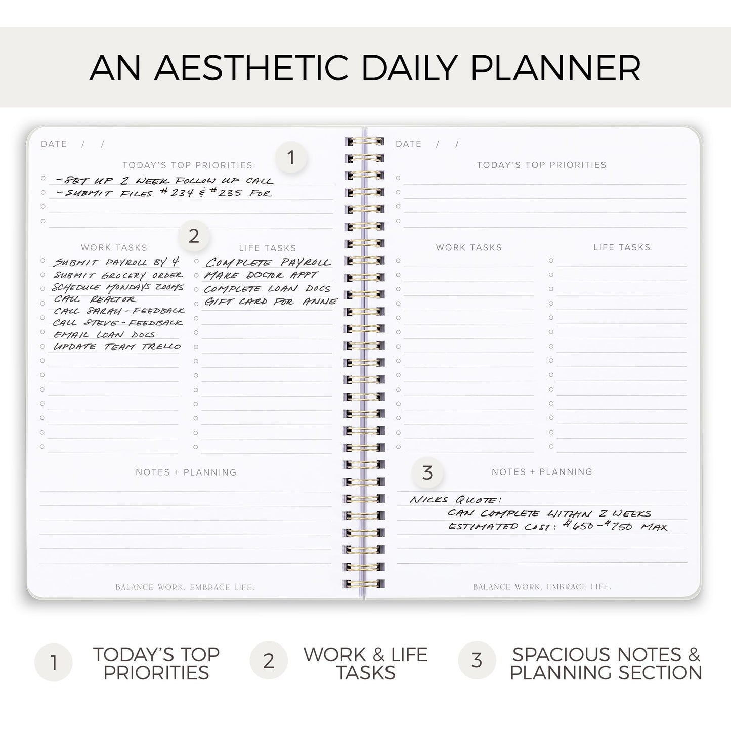 ZICOTO Beautiful Daily Planner and To Do List Notebook - Undated - 9.29 x 6.77 inches - Beige - Spiral Bound - Daily To Do List Notepad - Adult Planner