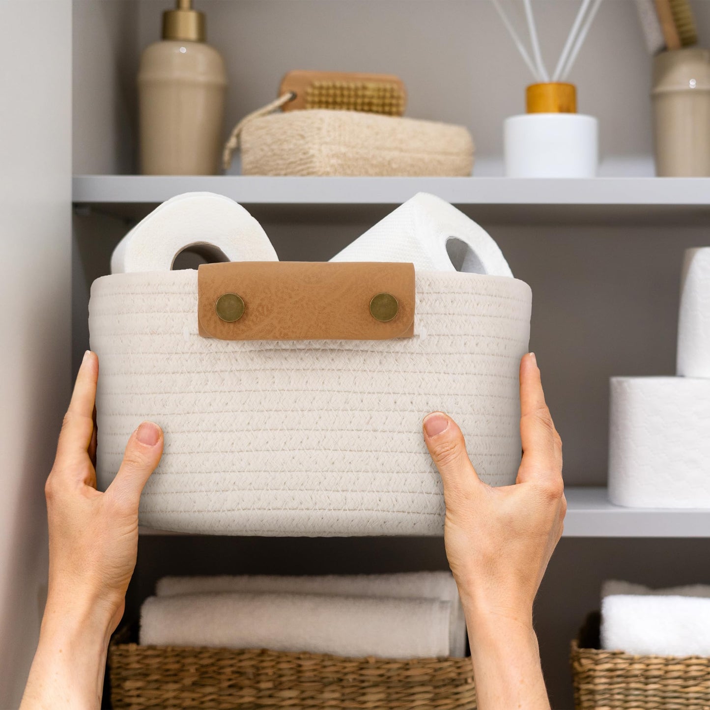 Beautiful Storage Basket Set of 5 - Sturdy Cotton Rope Baskets for Shelves Are Perfect for Organizing Your Home - Quality Storage Bins Easily Fit With Any Nursery or Bedroom Decor