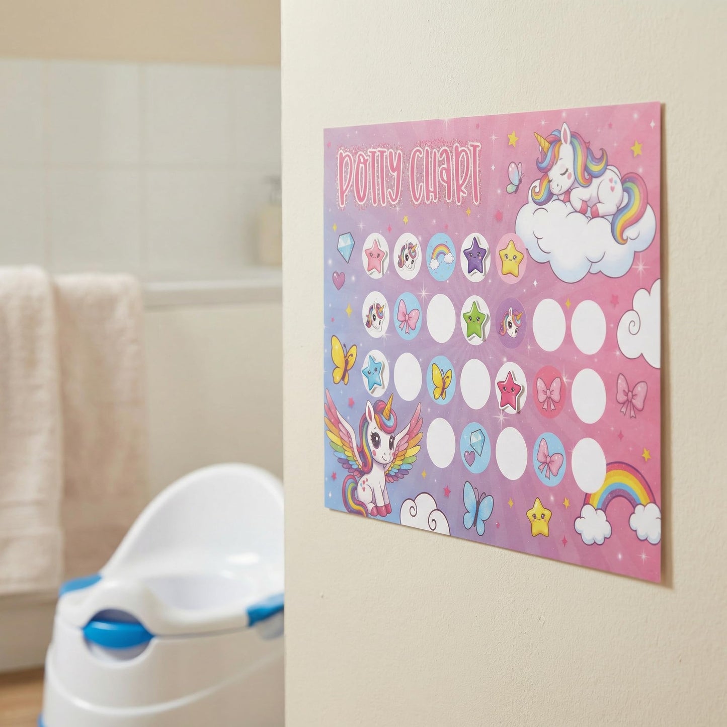 Fun Potty Training Chart with Stickers for Girls - Motivating Unicorn Rewards System with Stickers for Toddler Potty Training - Easy to Use Potty Training Poster that Kids Love