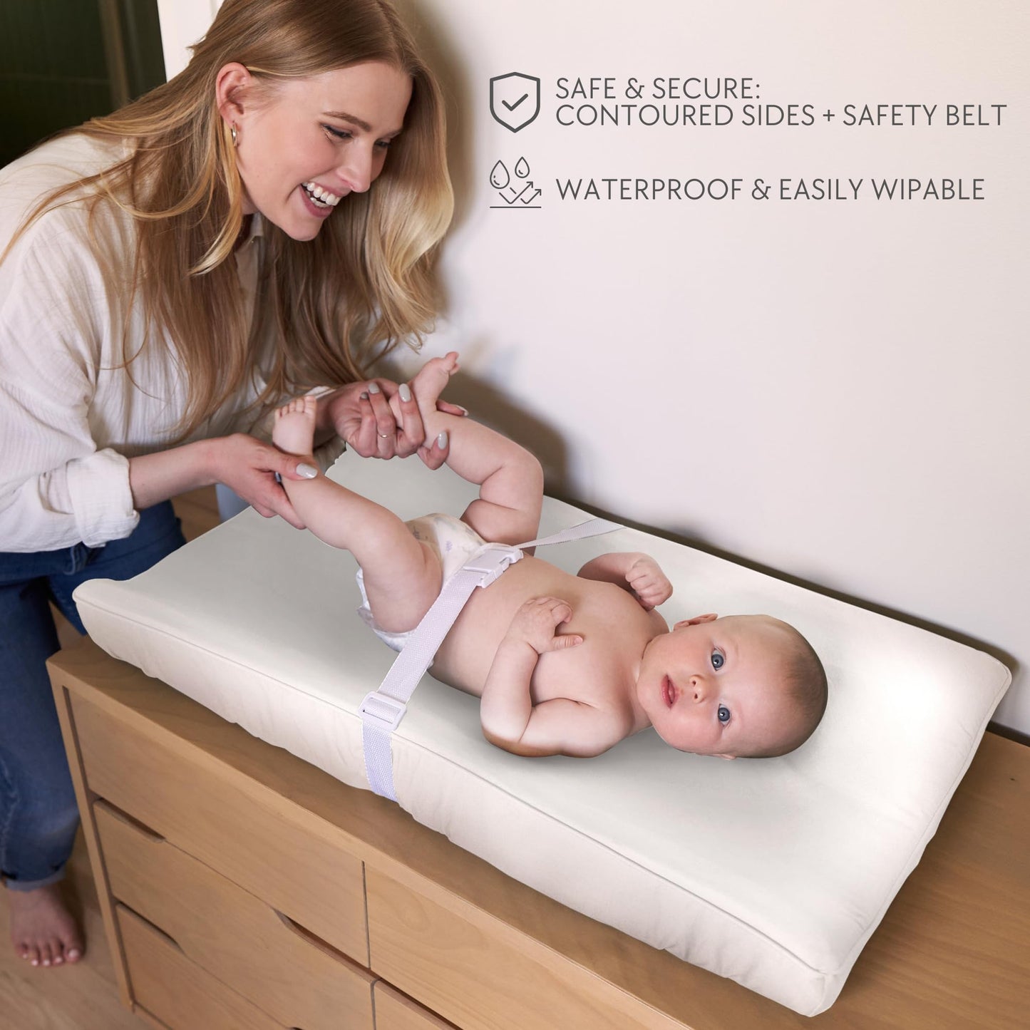 Soft Baby Diaper Changing Pad with Cotton Cover - Waterproof Changing Table Topper with Washable Cover and Safety Straps Fits All Standard Dressers - The Perfect Pad for Your Baby Girl or Boy