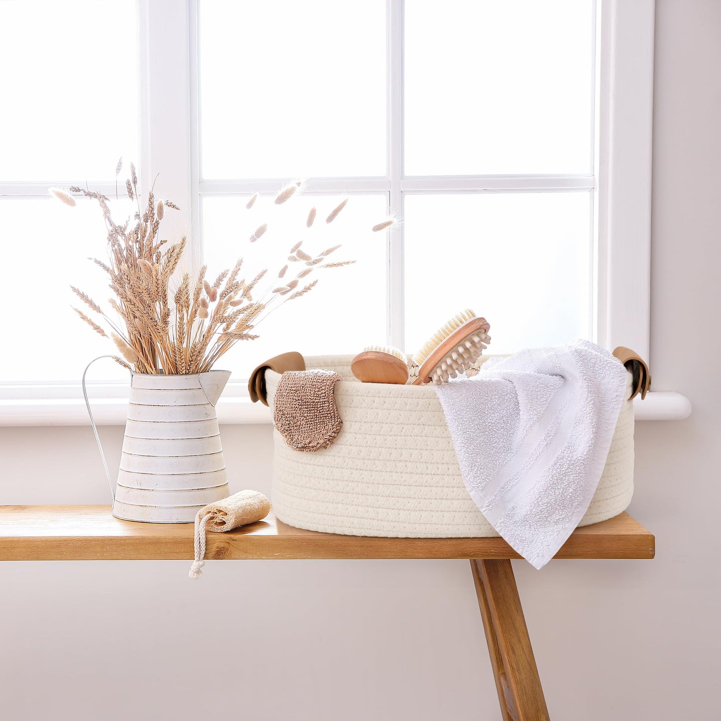 Beautiful Storage Basket Set of 5 - Sturdy Cotton Rope Baskets for Shelves Are Perfect for Organizing Your Home - Quality Storage Bins Easily Fit With Any Nursery or Bedroom Decor