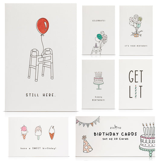 ZICOTO Beautiful Birthday Cards Set of 20 with Envelopes & Stickers - Tasteful Assorted Happy Birthday Card Box - The Perfect Cards To Write Thoughtful Personal Greetings to Your Family and Friends