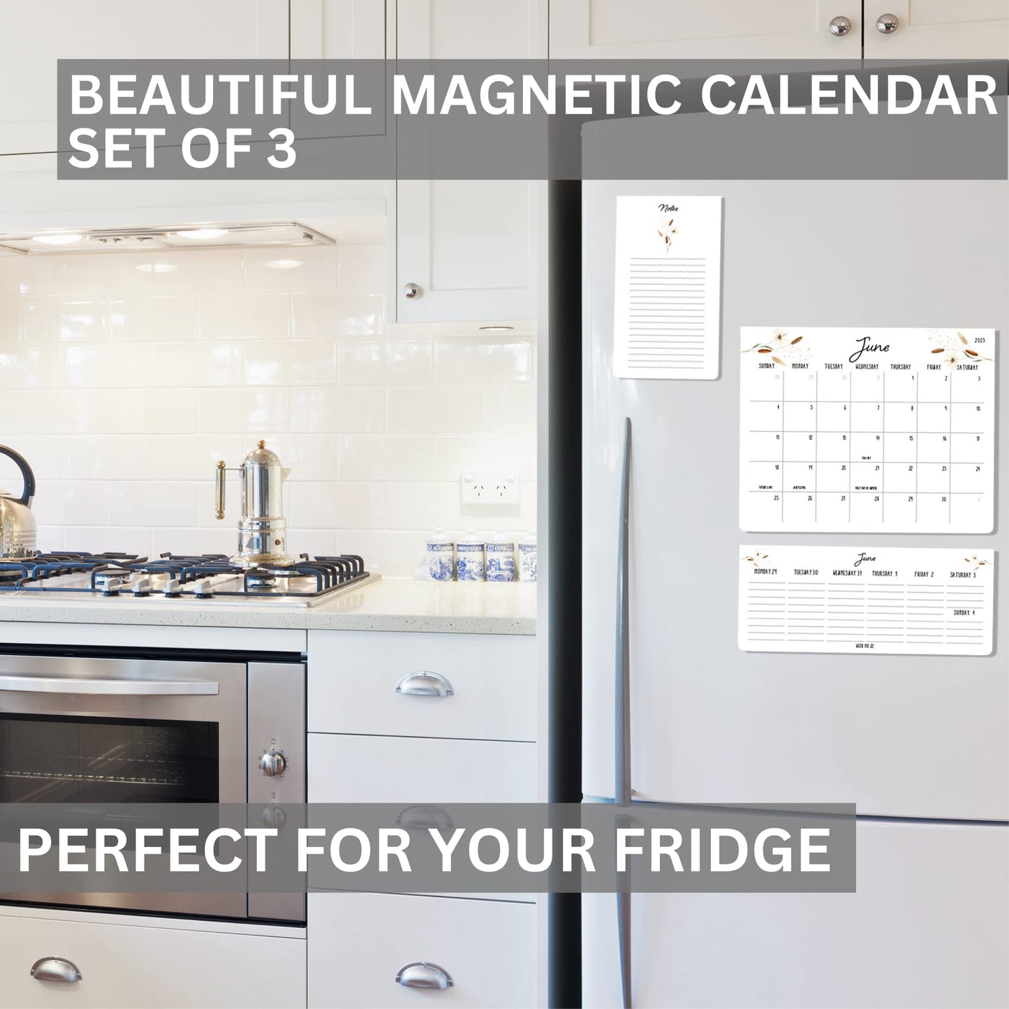 Beautiful 2023 Magnetic Fridge Calendar Set 3 - Runs Until June 2024 - The Perfect Weekly/Monthly Calendar And Notepad With Floral Designs for Easy Organizing