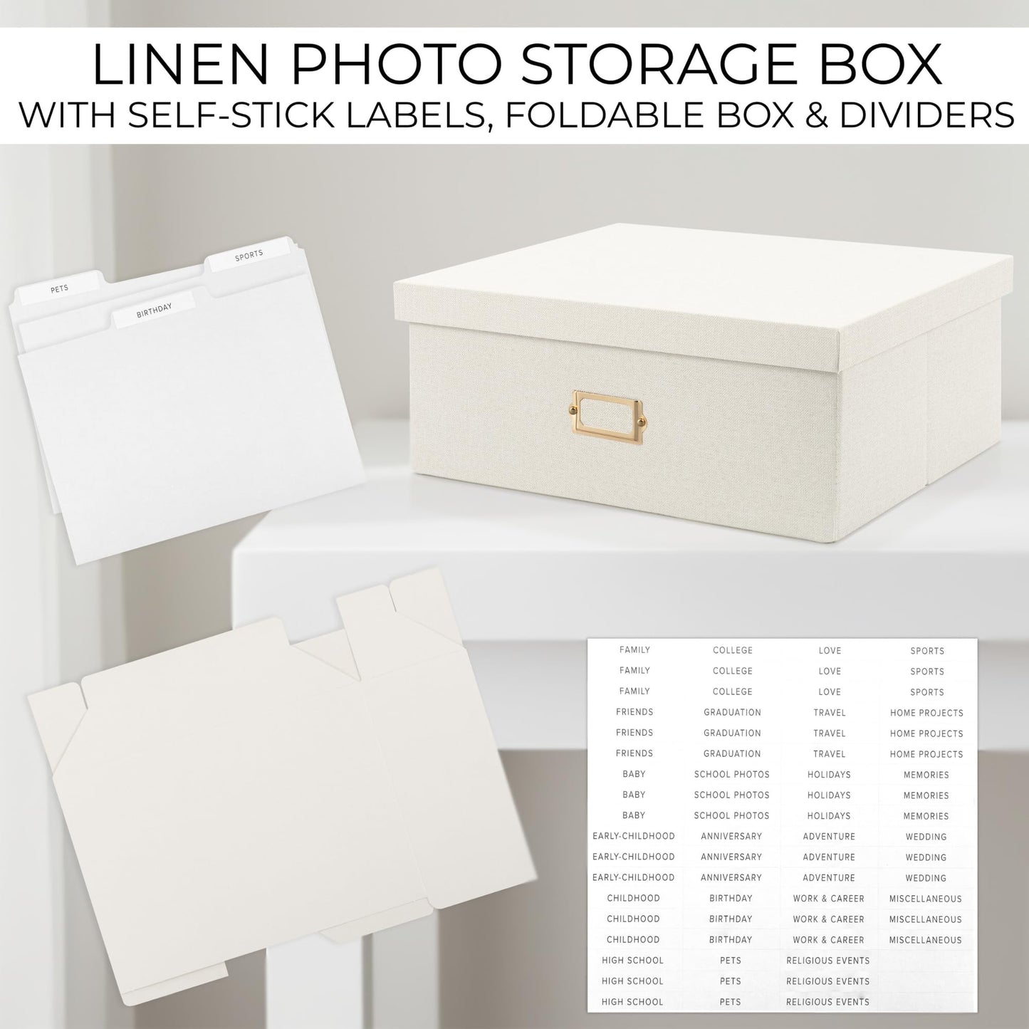 Decorative Photo Storage Box - Sturdy Linen Photo Organizer with Dividers - Stores Up to 850 4x6 Photos - Portable Scrapbook Storage Container with Lid