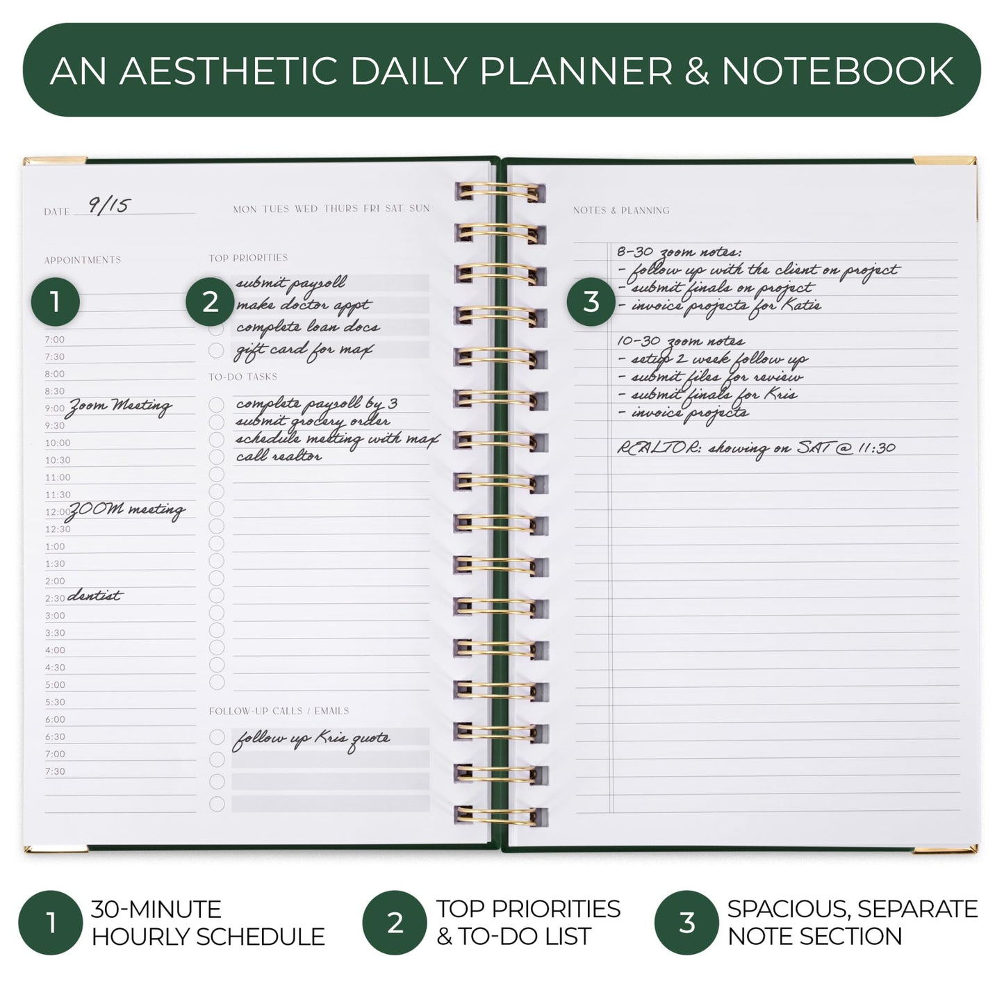 Aesthetic Daily Planner And Notebook With Hourly Schedule - Aesthetic Spiral To do List Notepad For Work/Home to Organize Tasks And Appointments - Stylish School/Office Supplies Book For Women