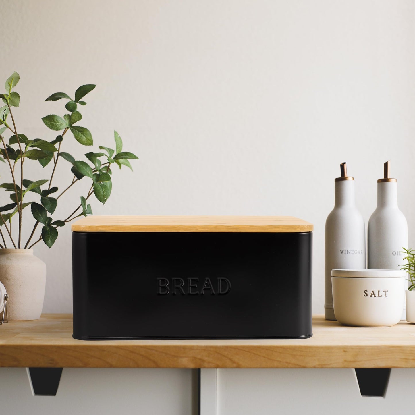 ZICOTO Beautiful Bread Box With Wooden Lid For Your Kitchen Countertop - Spacious Container Perfectly Stores Your Homemade Bread, English Muffins & Bagels - Quality Cutting Board Lid Keeps Loaf Fresh