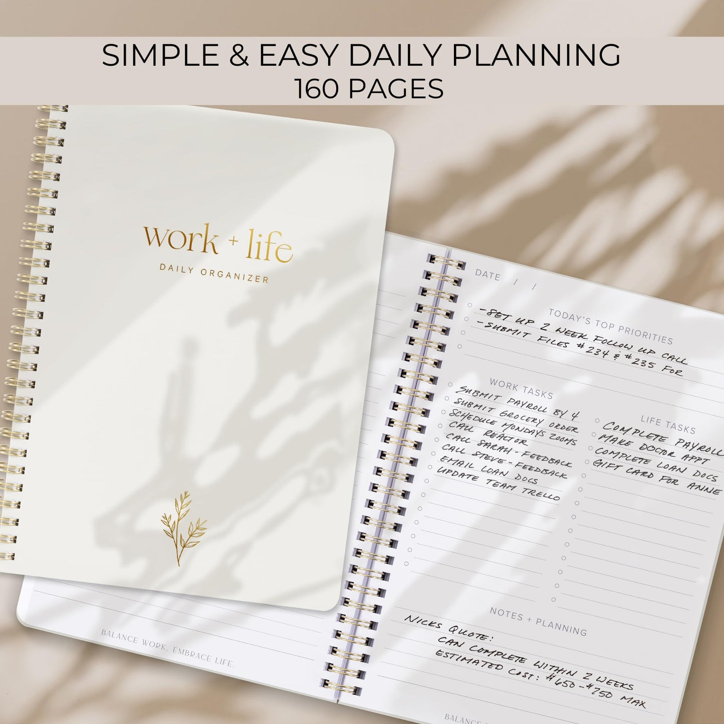 ZICOTO Beautiful Daily Planner and To Do List Notebook - Undated - 9.29 x 6.77 inches - Beige - Spiral Bound - Daily To Do List Notepad - Adult Planner