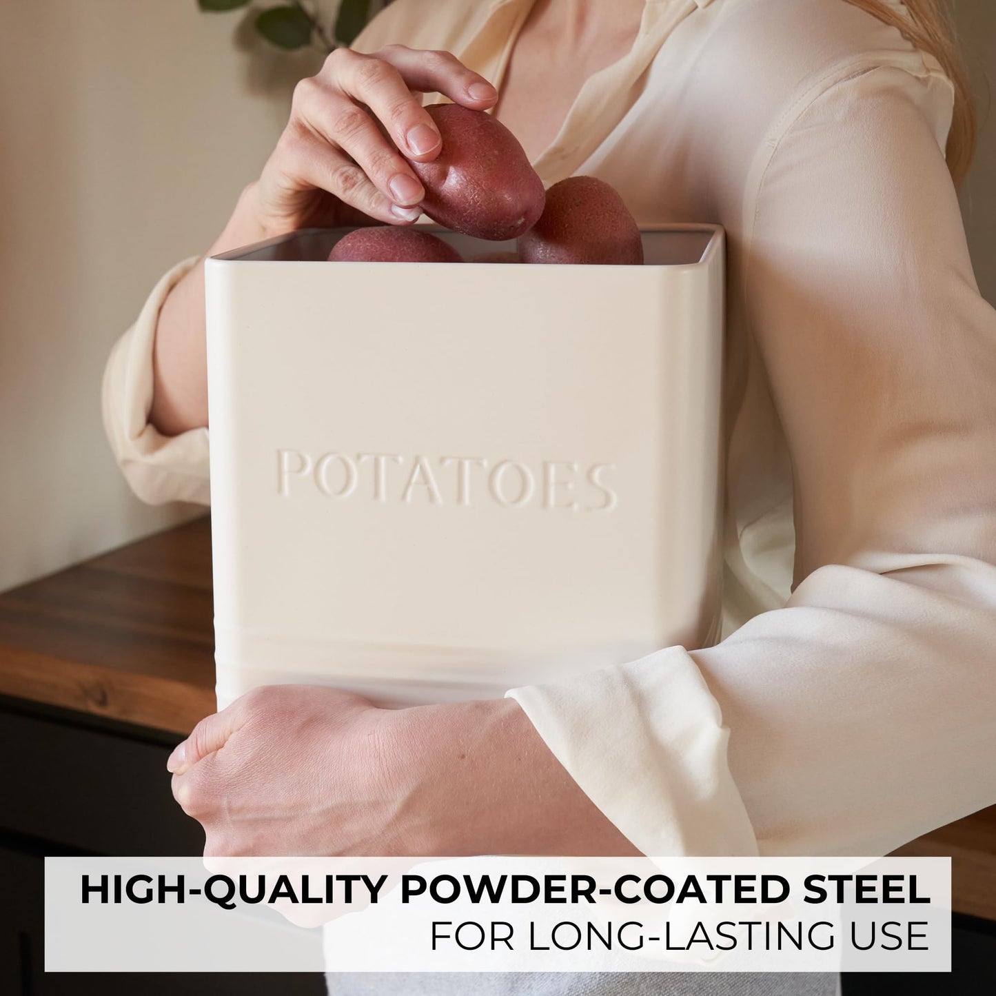 Beautiful Potato and Onion Storage Container Set - Perfectly Sized Spacious Canisters For Your Kitchen Counter Or Pantry - Quality Food Safe Metal Bins Keep Your Produce/Vegetables Fresh Longer
