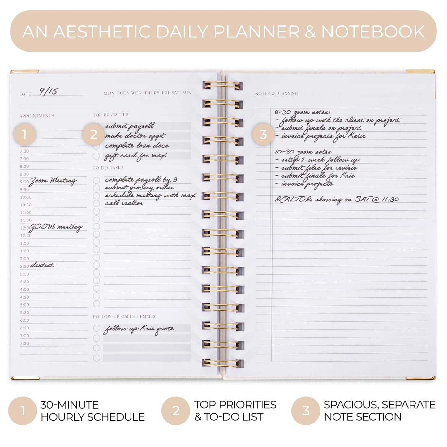 ZICOTO Aesthetic Daily Planner And Notebook With Hourly Schedule - Beautiful Spiral To do List Notepad For Work/Home to Organize Tasks And Appointments - Stylish School/Office Supplies Book For Women