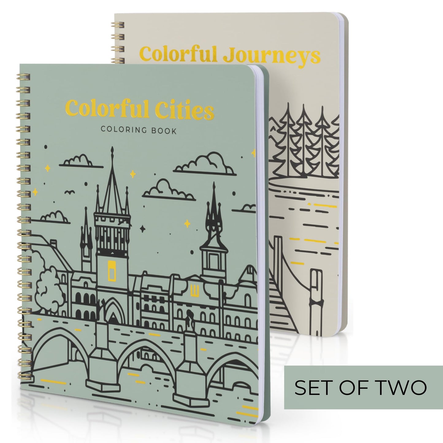 Beautiful Adult Coloring Book Set of 2 for Relaxation - Inspirational Adventures and Landmarks Scenery for The Spirit of Wanderlust - Perfect Stress-Relieving Gift for Women (Journeys & Cities, 2)