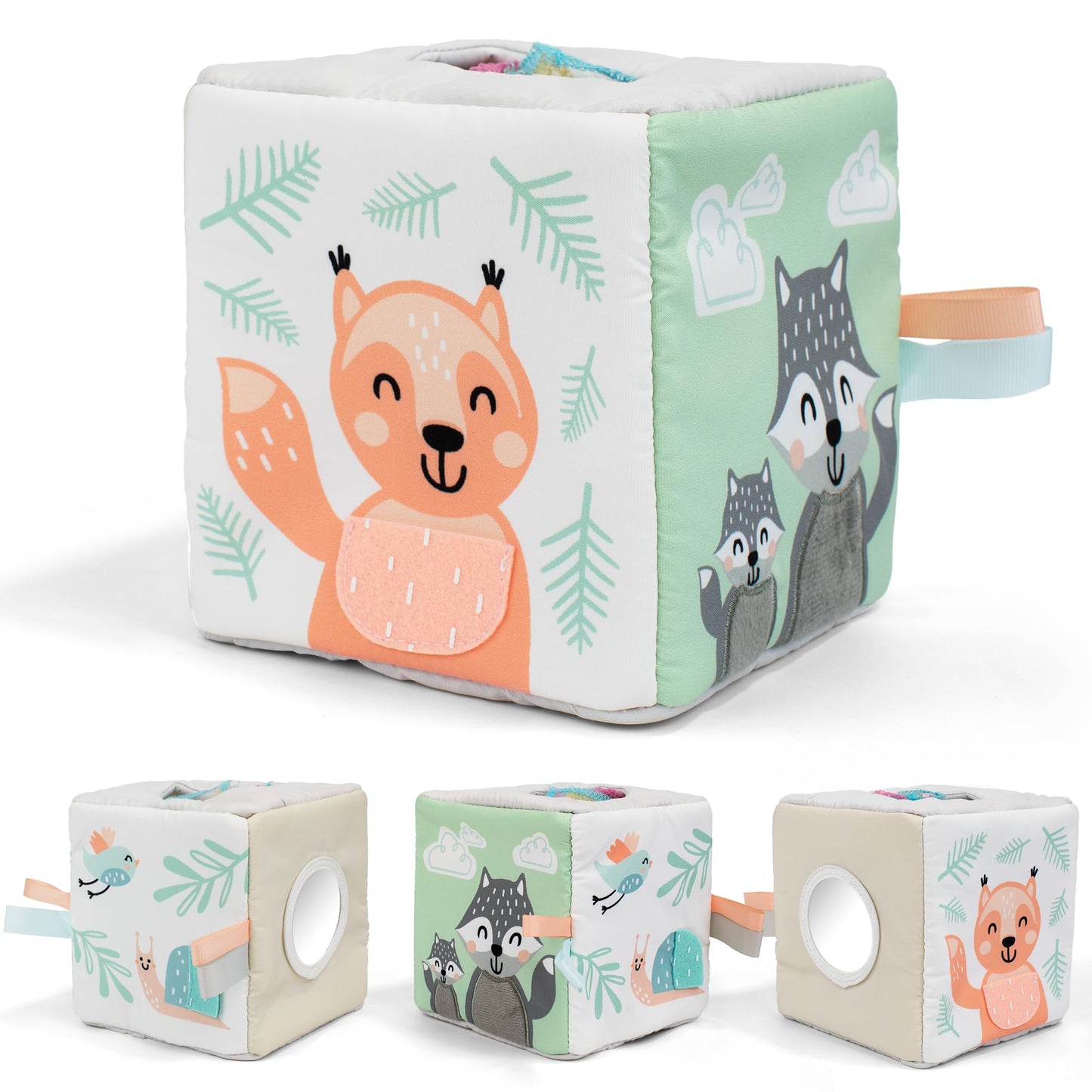 Fun Baby Tissue Box with Stimulating Mirror For Endless Entertainment - Soft Montessori Toy w/ Crinkle Paper & Fabric Tissues - The Perfect Sensory Toy For Newborn/Infant Development From 6-12+ Months