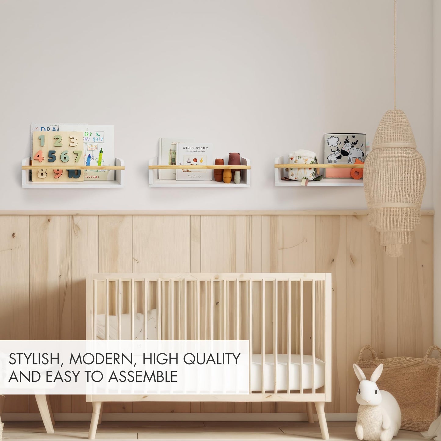 Decorative Nursery Bookshelves for Kids - Set of 3 Easy to Install Floating Shelves for Wall Mount - Beautiful Hanging Organizer Furniture for Your Baby Boy or Girl's Bedroom and Play Room Decor