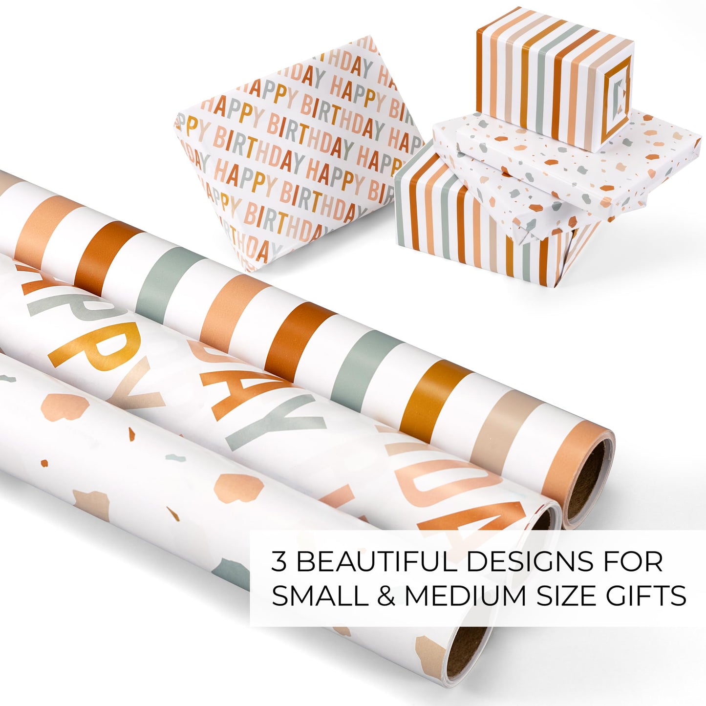 Beautiful Birthday Wrapping Paper - Set of 3 Quality Happy Birthday Paper Rolls For Medium Sized Gifts - Add a Touch of Magic to Every Gift You Wrap - 17 in x 120 in Per Roll For Boys and Girls