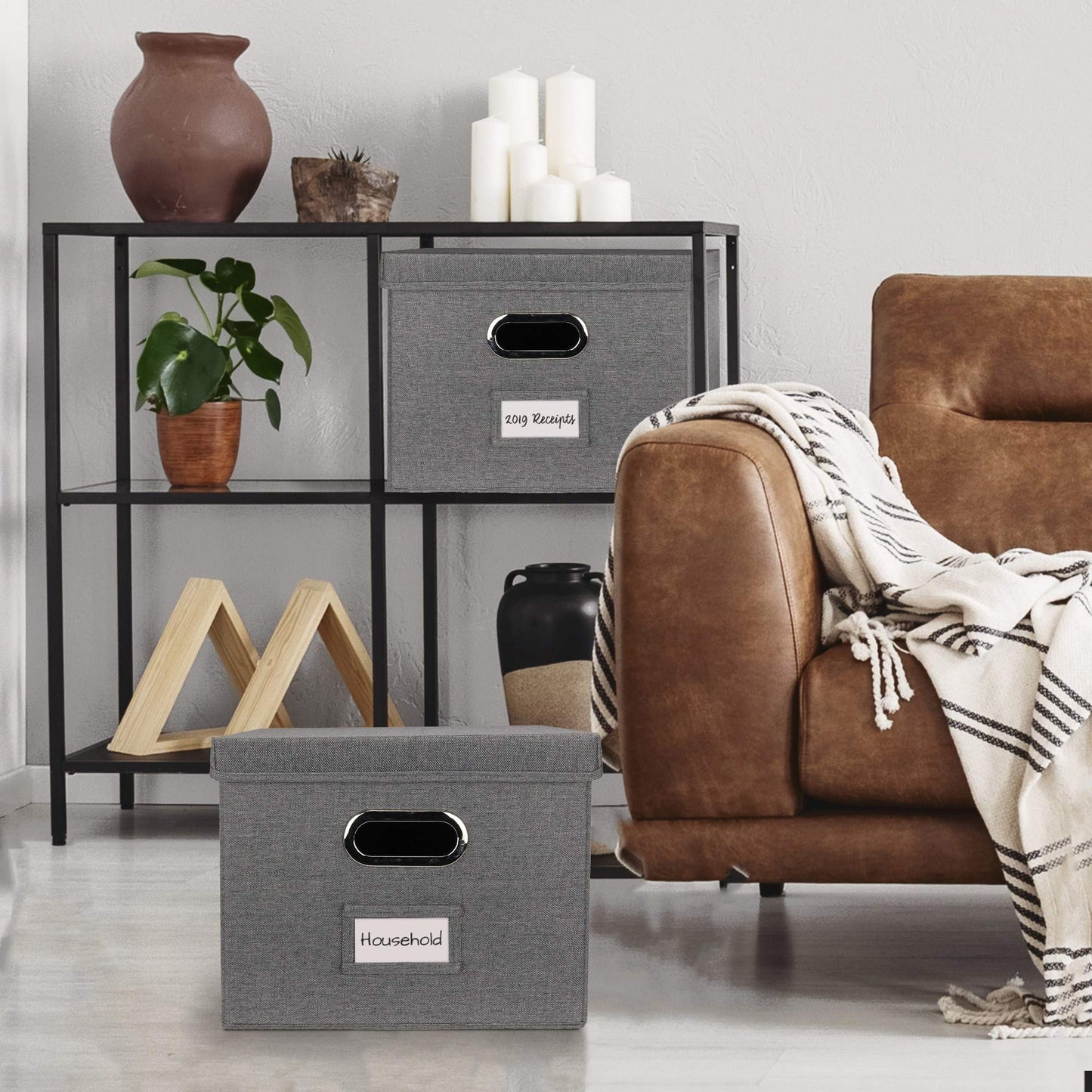 ZICOTO Decorative File Organizer Box Set of 2 - Collapsible Linen Filing Cabinets for Space Saving File Folder Storage - Easy Slide File Crates Store Your Hanging Files In Style