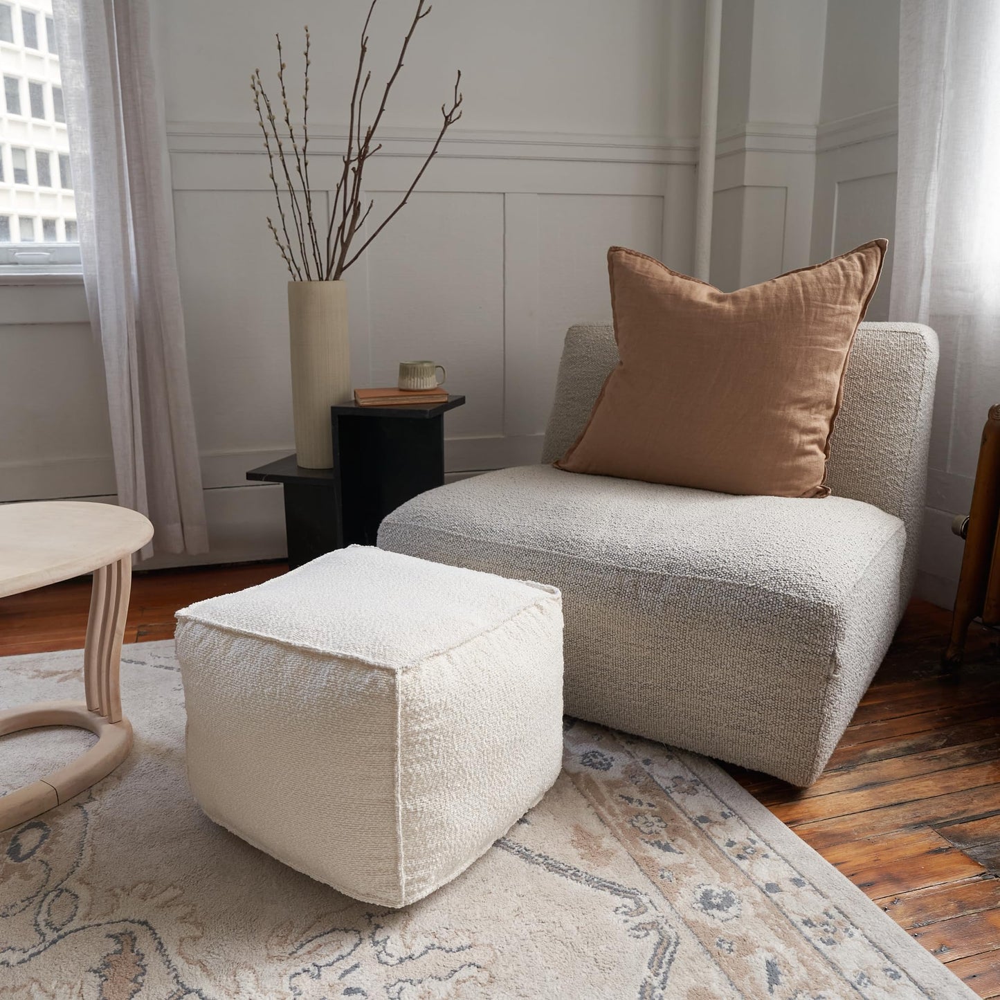 ZICOTO Beautiful Boucle Pouf Ottoman and Foot Rest - Elevate Your Living Room Decor with Lightweight Comfort and Charm - A Round Modern Foam Filled Foot Stool Perfect to Rest Your Feet