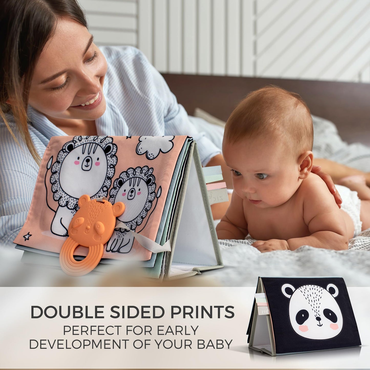 Soft Tummy Time Book w/ Large Stimulating Baby Safe Mirror - Fun High Contrast Montessori Toy w/ Mirror, Crinkle Filling & Silicone Teether - The Perfect Toy For Safe Early Newborn/Infant Development