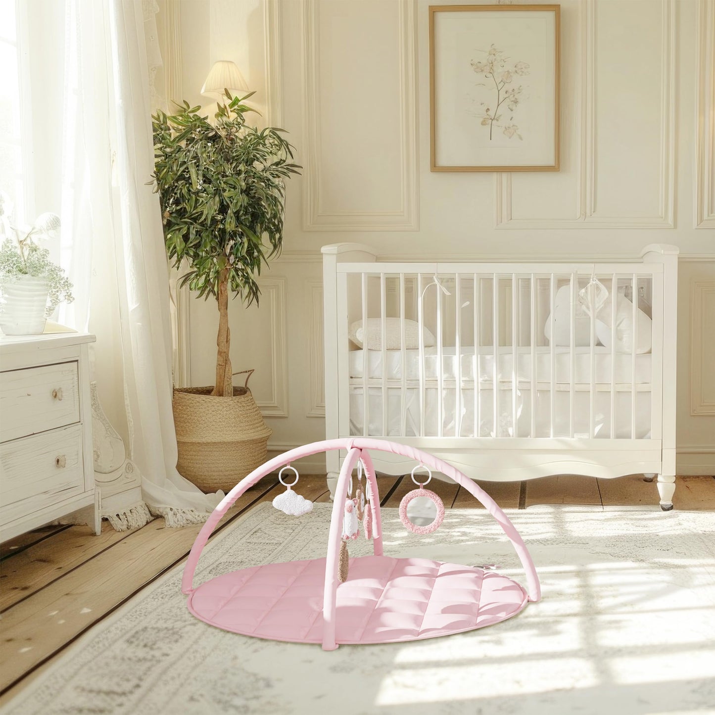 Beautiful Baby Play Gym and Tummy Time Mat - Soft Cotton Mat with 6 Cute Toys Creates The Perfect Activity Area for Your Girl/Boy - Stylish Infant Floor Playmat Fits Nicely with Any Playroom Decor