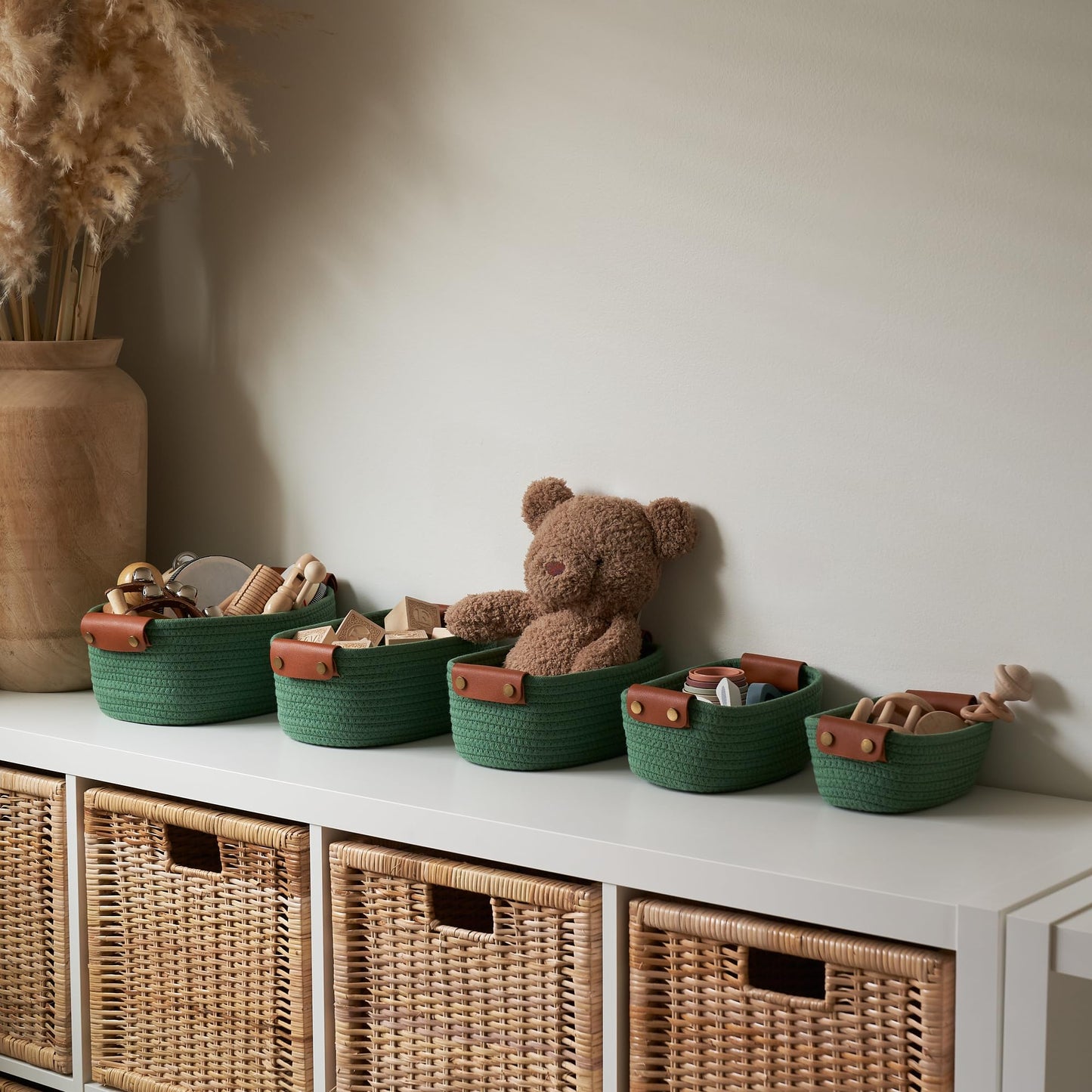 Beautiful Storage Basket Set of 5 - Sturdy Cotton Rope Baskets for Shelves Are Perfect for Organizing Your Home - Quality Storage Bins Easily Fit With Any Nursery or Bedroom Decor