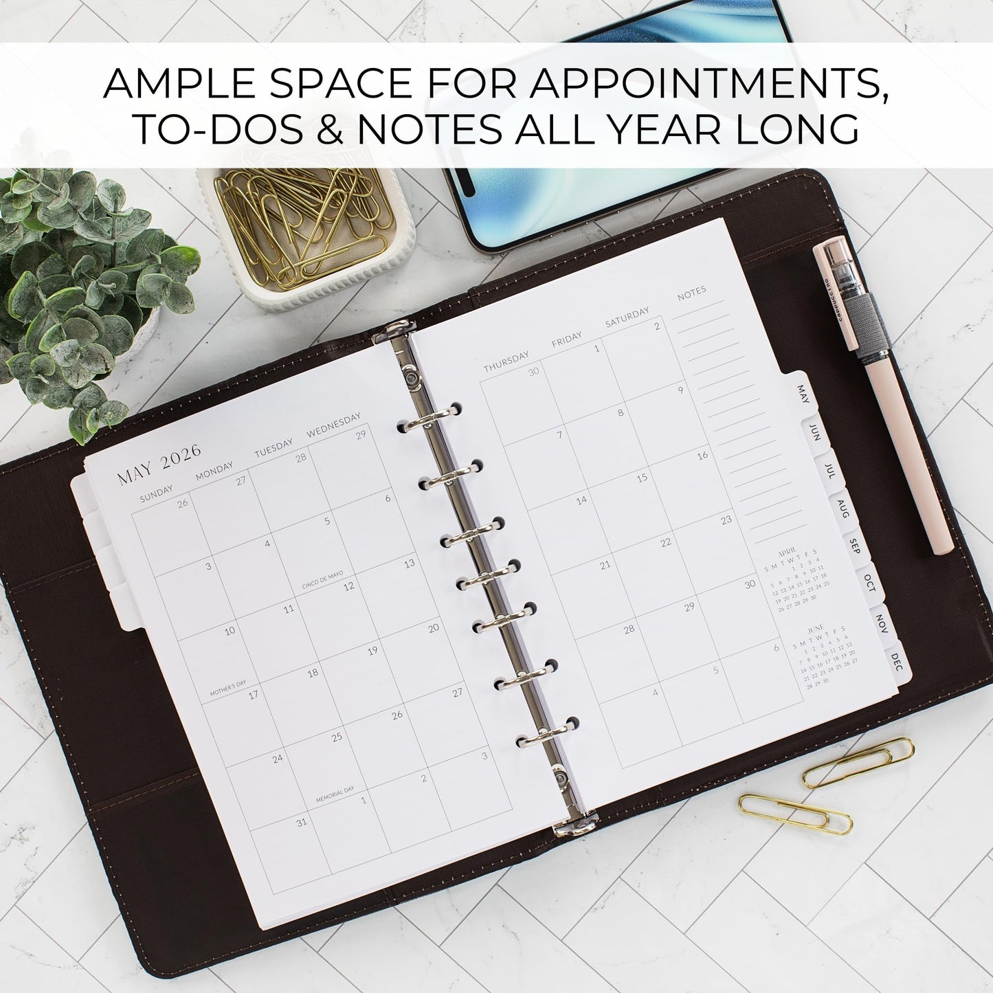 Minimalistic Daily Planner Inserts - 6-Hole Punched 2025-2026 Planner Refills for Ring Binder - Small Planner Binder Inserts With Cover and Tabs from January 2026 until December 2026
