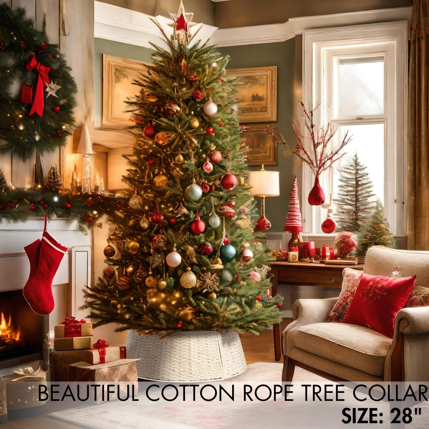 Beautiful Christmas Tree Collar - Authentic 28" Cotton Rope Tree Ring - Easy to Set Up Christmas Skirt Enhances Your Holiday Home Decor