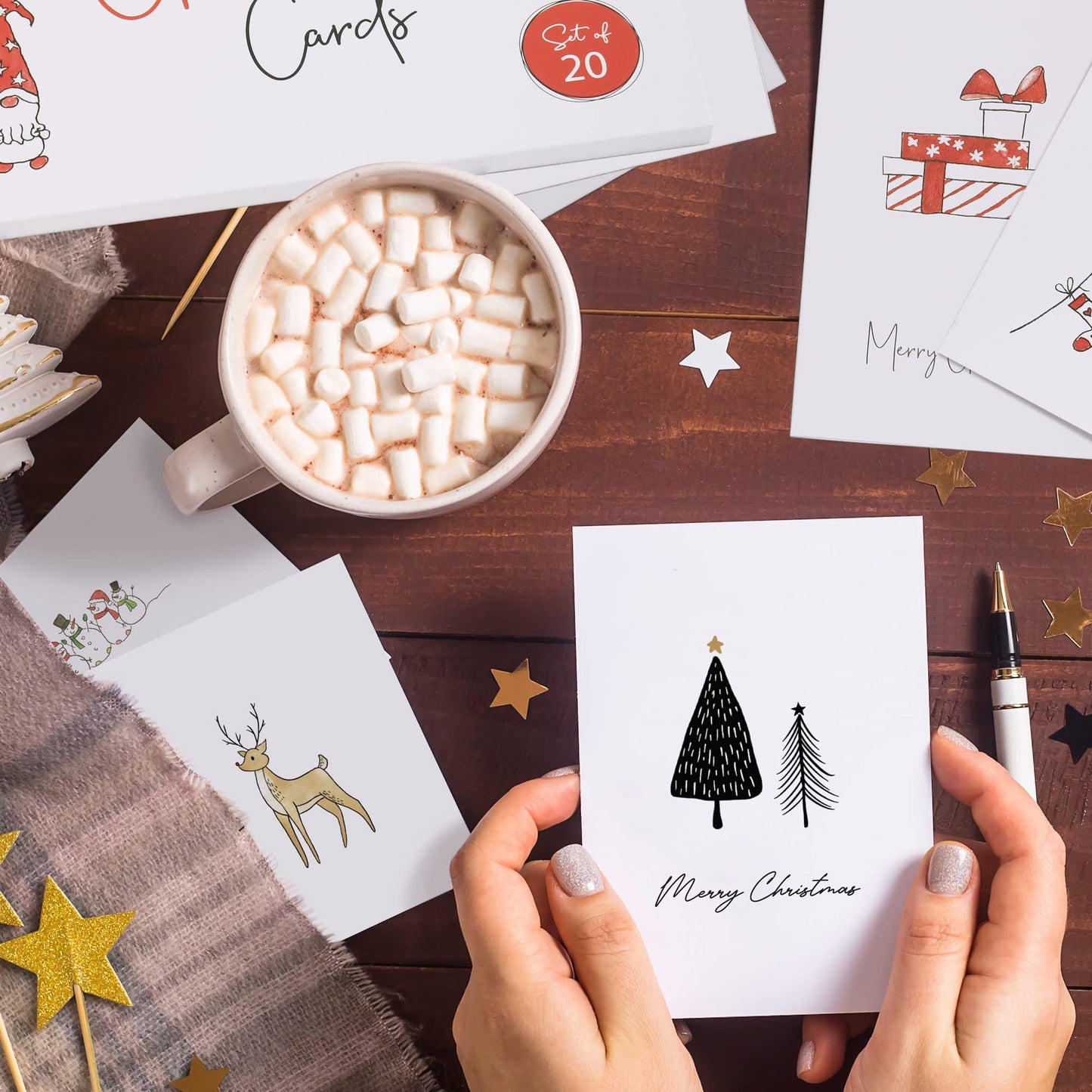 ZICOTO Beautiful Christmas Cards Set of 20 with Watercolor Designs - Incl. Bulk Envelopes, Matching Stickers And Storage Box - Perfect to Send Warm Holiday Wishes to Friends and Family
