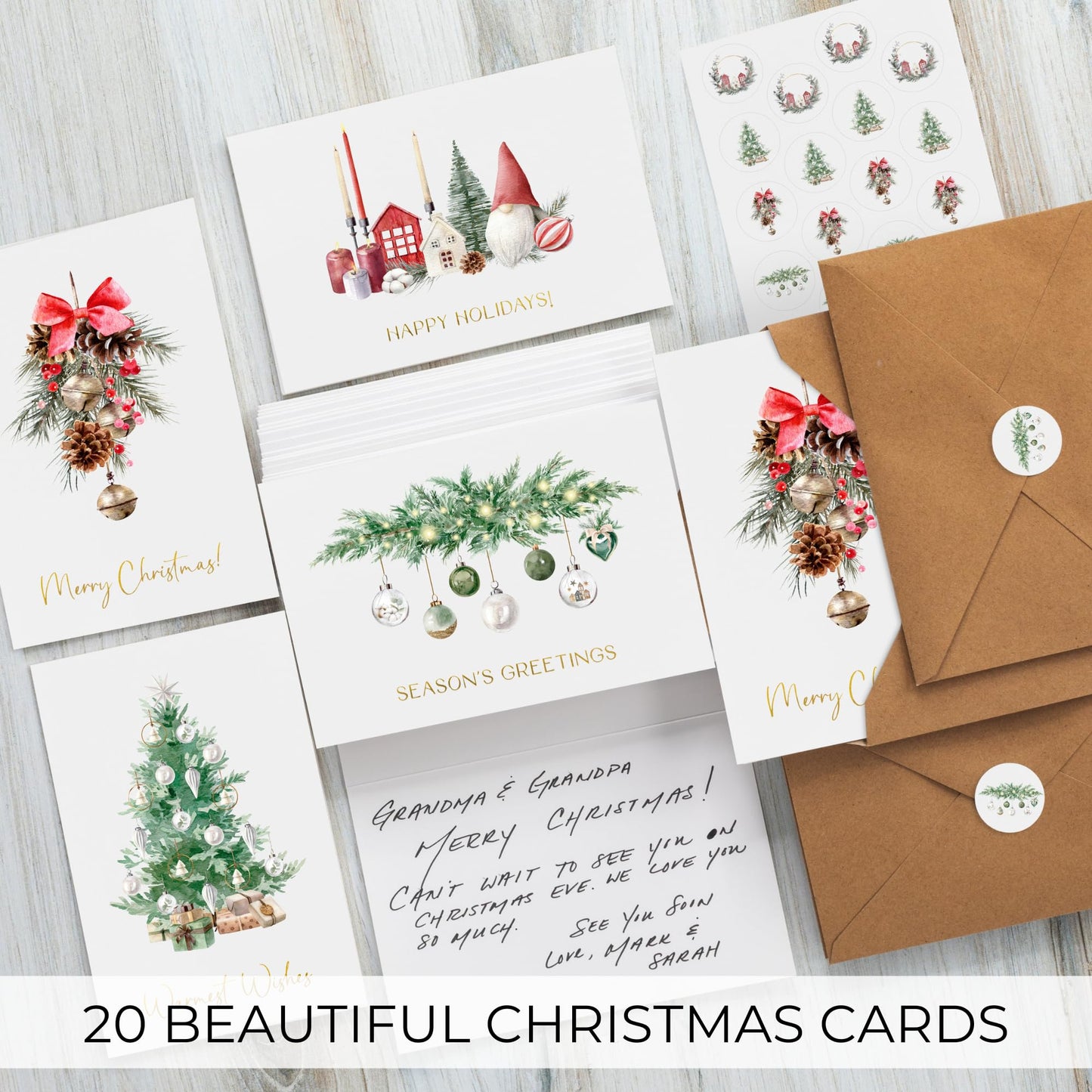 ZICOTO Beautiful Christmas Cards Set of 20 with Watercolor Designs - Incl. Bulk Envelopes, Matching Stickers And Storage Box - Perfect to Send Warm Holiday Wishes to Friends and Family