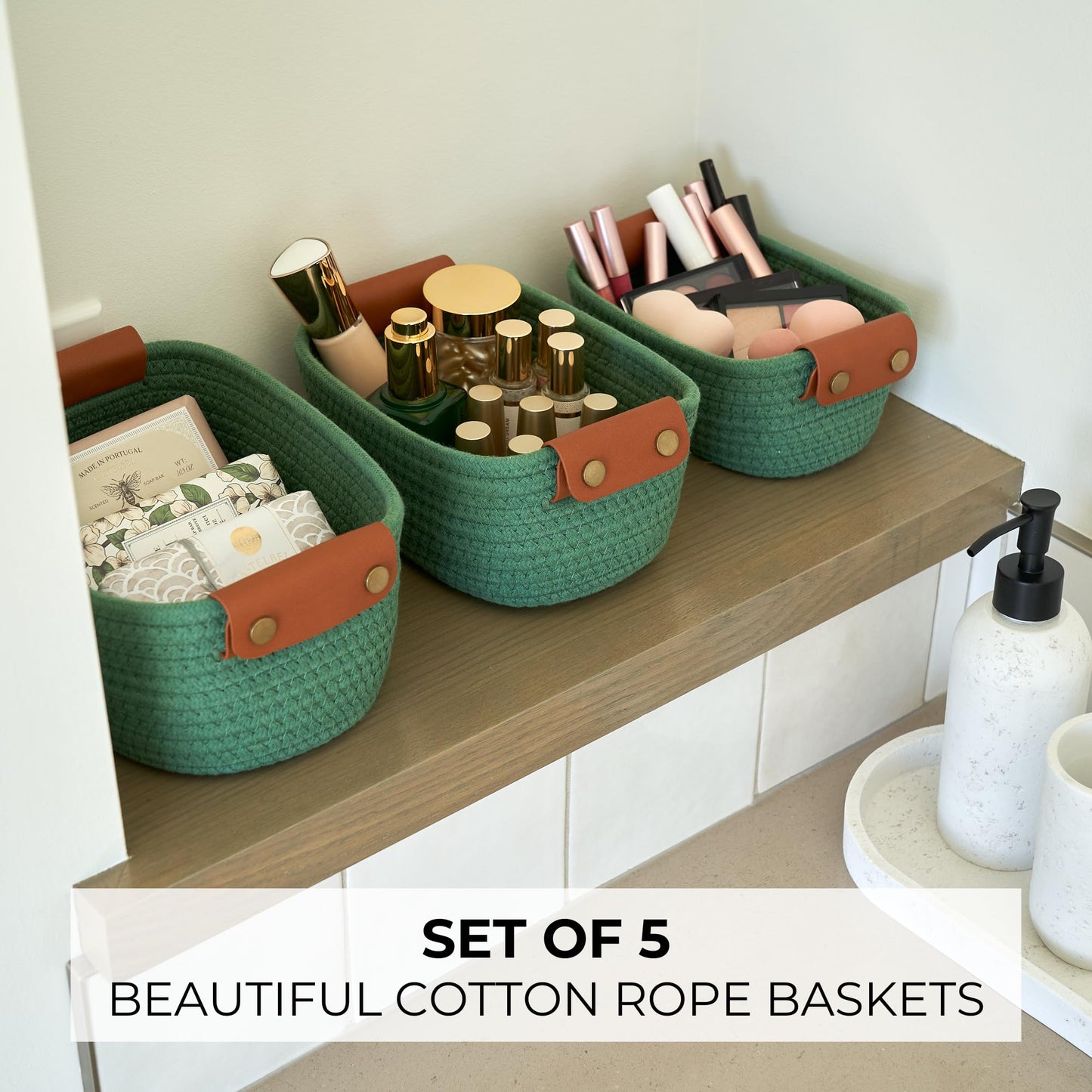 Beautiful Storage Basket Set of 5 - Sturdy Cotton Rope Baskets for Shelves Are Perfect for Organizing Your Home - Quality Storage Bins Easily Fit With Any Nursery or Bedroom Decor