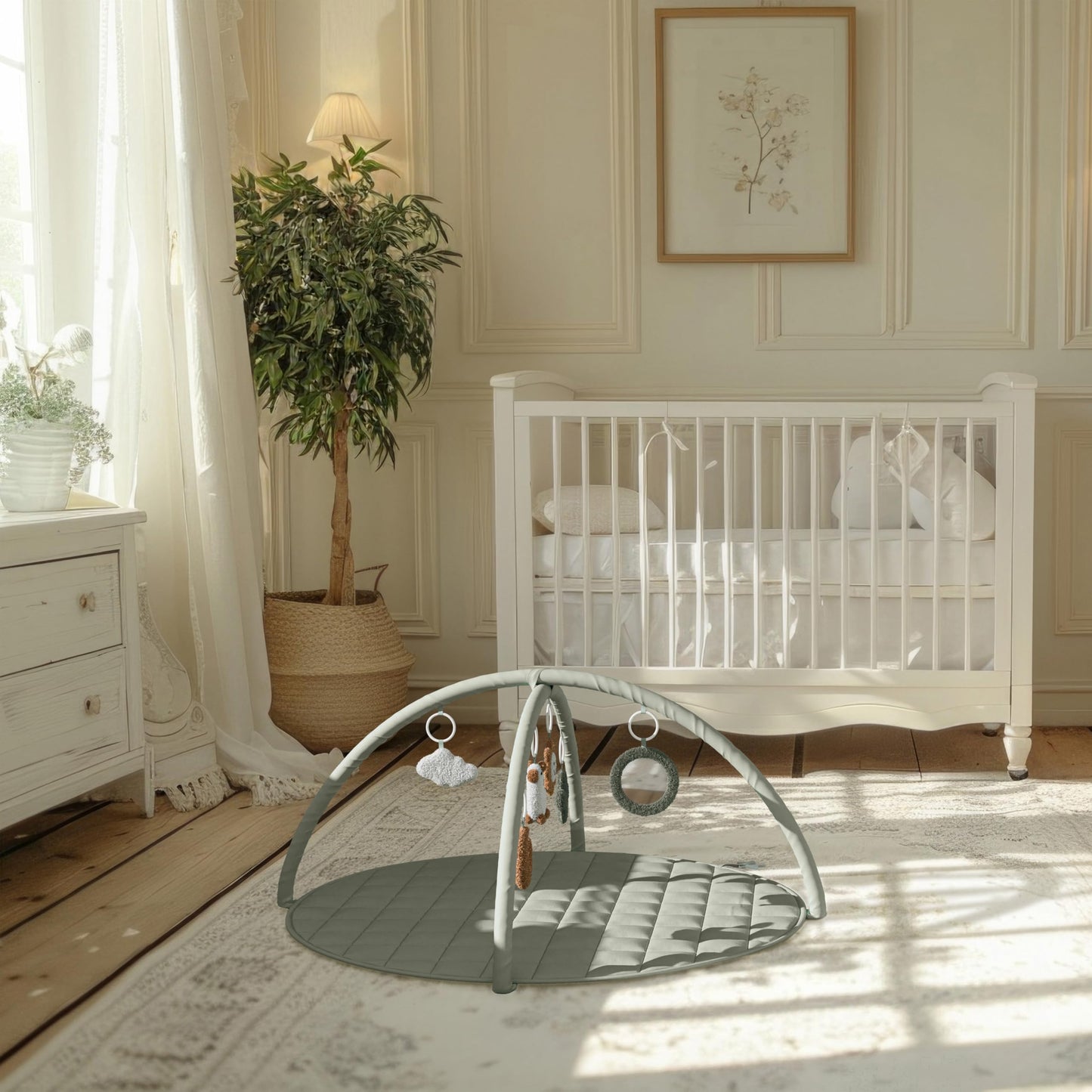 Beautiful Baby Play Gym - Soft Cotton Mat with 6 Cute Toys Creates The Perfect Activity Area for Your Girl/Boy - Stylish Infant Floor Playmat Fits Nicely with Any Playroom Decor