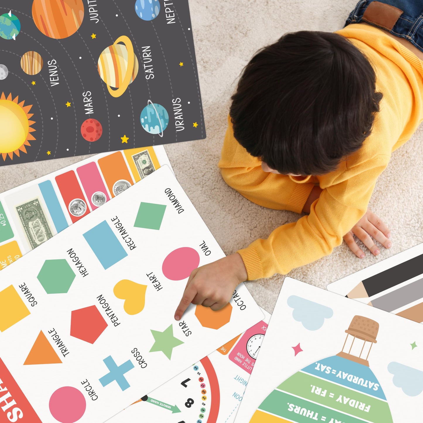 Fun Educational Posters for Toddlers 1-3 - Set of 16 Easy to Read Learning Posters for Classroom & Homeschool Decor - Essential Preschool/Kindergarten Kids Room Wall Charts incl. ABC & Number Chart