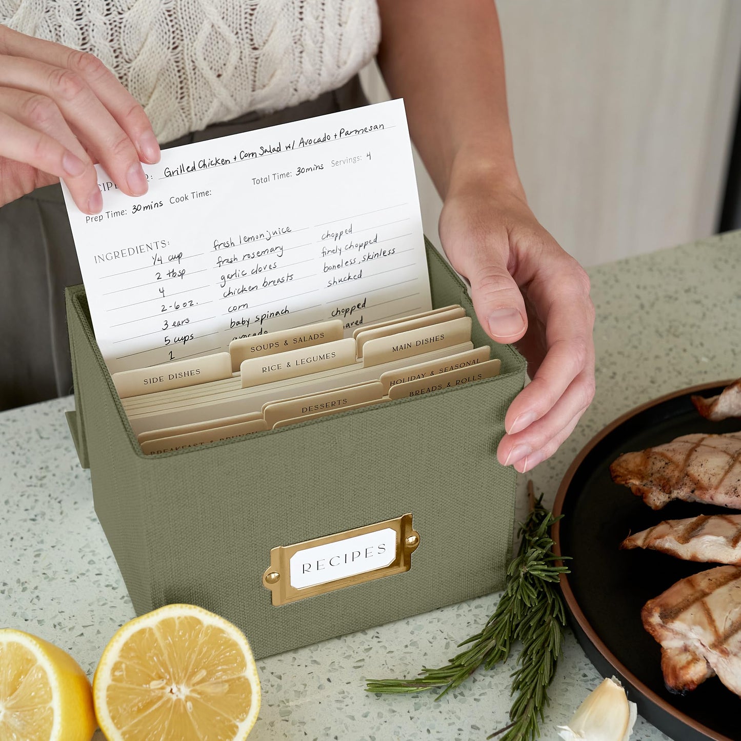 ZICOTO Beautiful Linen Recipe Box - Fits 4x6 inch Recipe Cards to Easily Organize Up to 250 Recipes - A Sturdy Card Holder and Great Gift that Perfectly Fits into Any Kitchen - Cards Not Incl.
