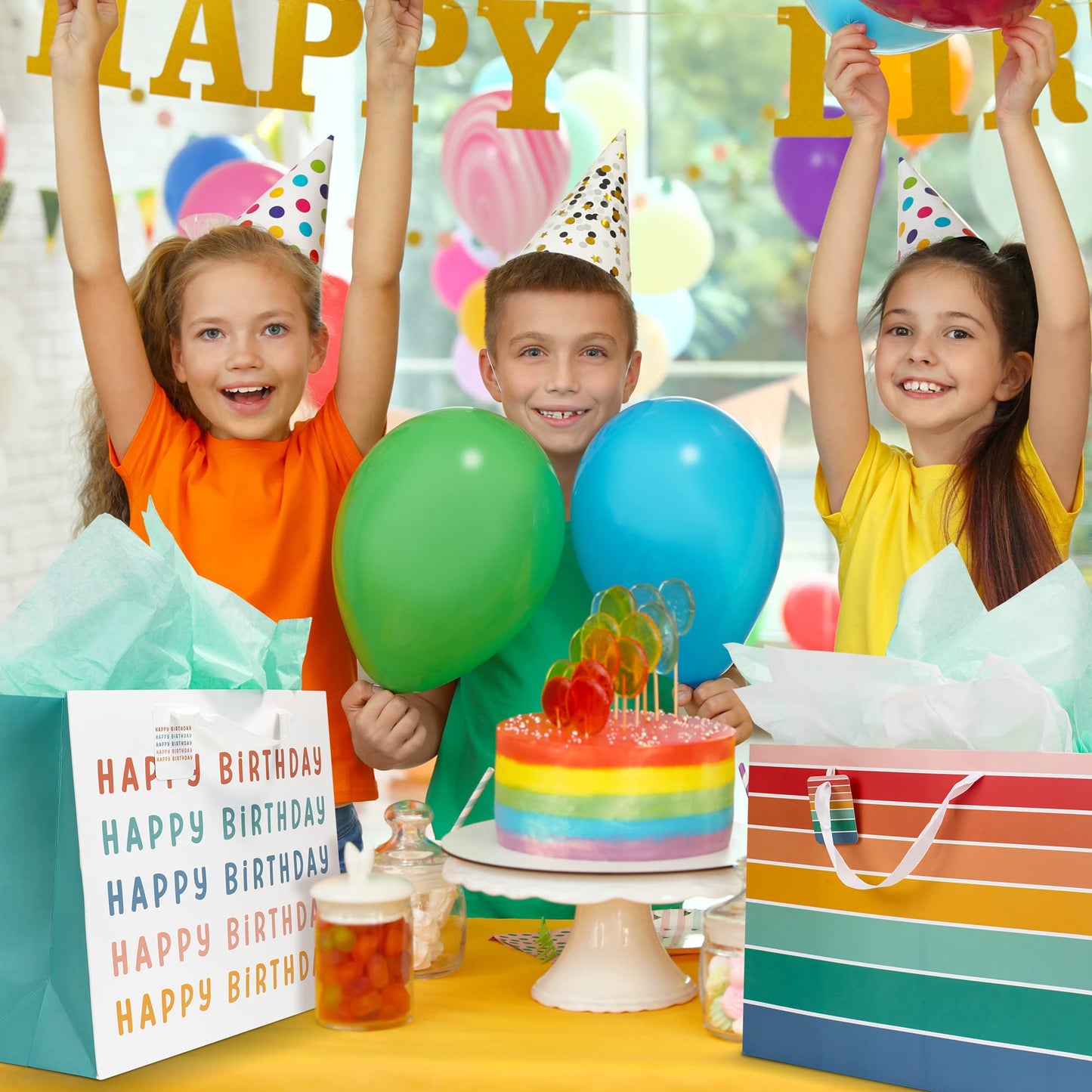 ZICOTO Beautiful Birthday Gift Bags Set of 2 - Large 16" Bags with Handles incl. Matching Tissue Paper, Cards & Stickers - Reusable and Perfect For Kids Presens