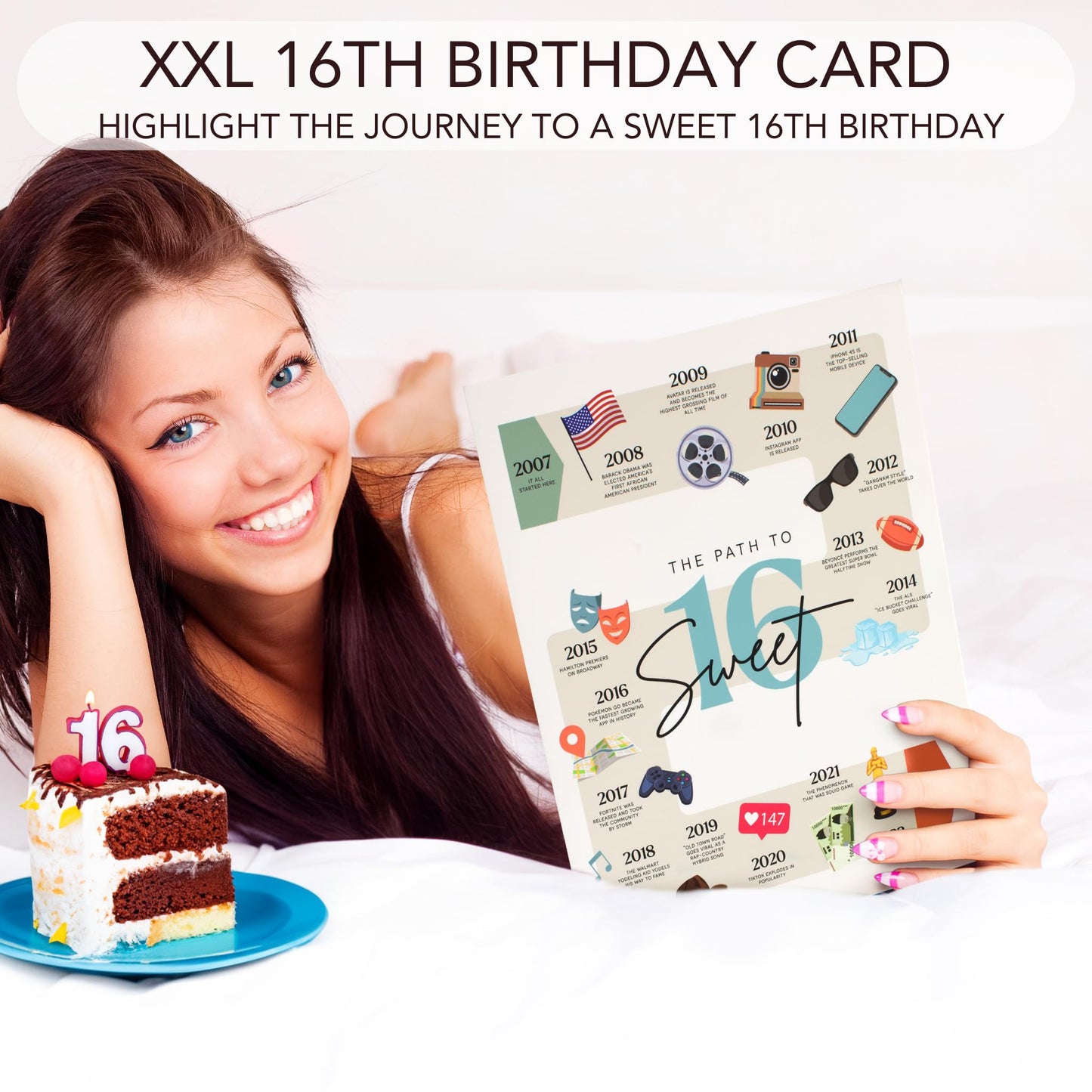 ZICOTO Big Birthday Card for Sweet 16 Birthday - Funny Back In 2007 Happy 16th Birthday Decorations Card with Envelope, Sticker for Girls, Boys - Gift Ideas to Send Happy Greetings to Friends, Family