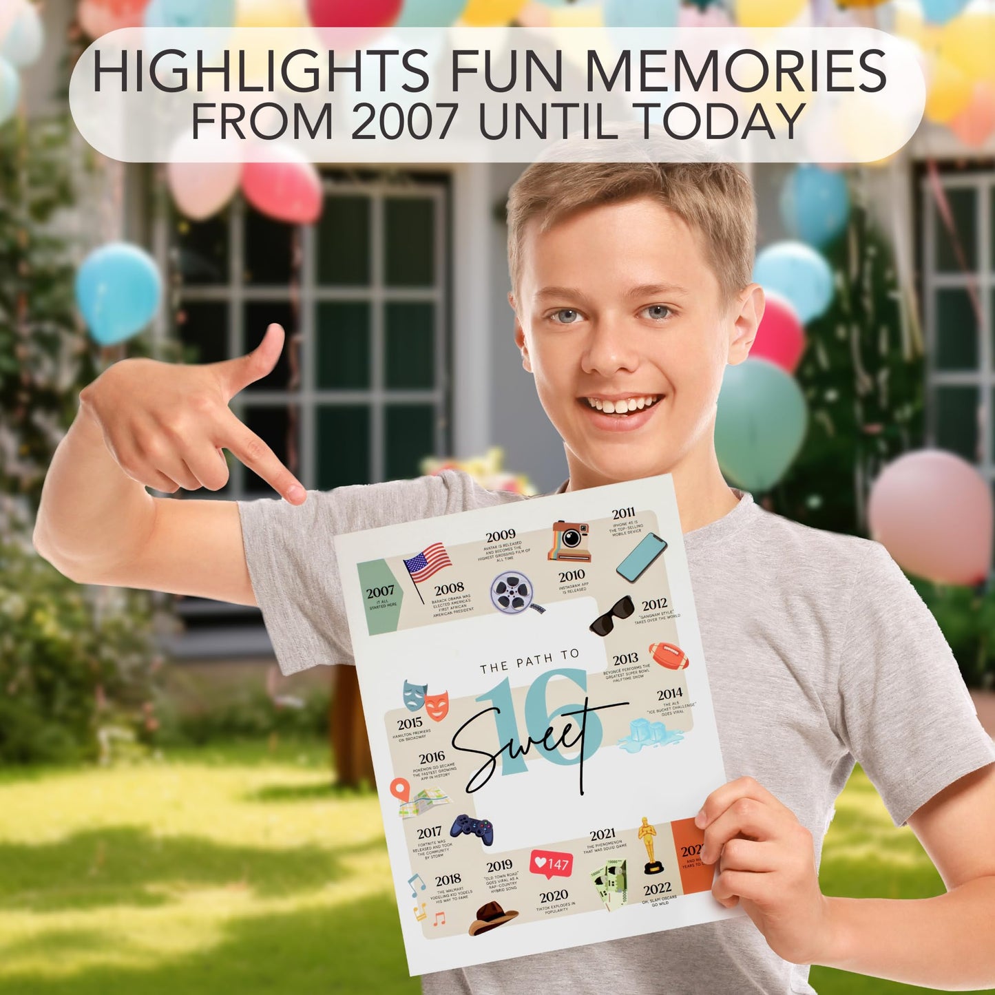 ZICOTO Big Birthday Card for Sweet 16 Birthday - Funny Back In 2007 Happy 16th Birthday Decorations Card with Envelope, Sticker for Girls, Boys - Gift Ideas to Send Happy Greetings to Friends, Family