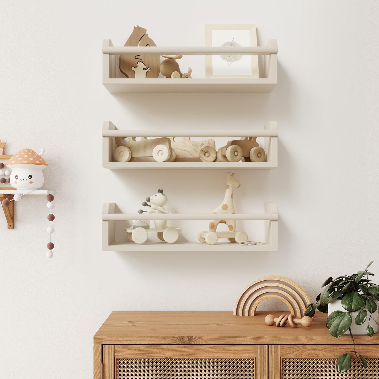 Decorative Nursery Bookshelves for Kids - Set of 3 Easy to Install Floating Shelves for Wall Mount - Beautiful Hanging Organizer Furniture for Your Baby Boy or Girl's Bedroom and Play Room Decor