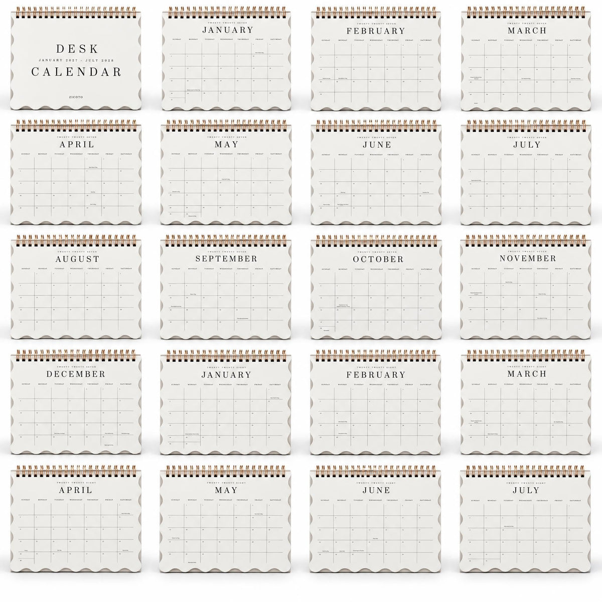 Aesthetic Desk Calendar 2027-2028 - Runs from January 2027 until July 2028