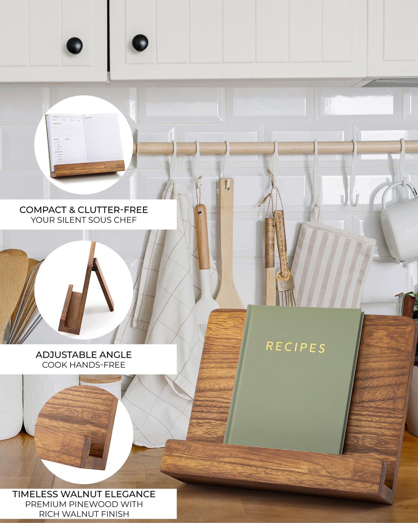 Beautiful Cookbook Stand for Your Kitchen Counter - Solid Wood Stand Easily Keeps Cook or Recipe Books Open for Convenient Cooking - Perfectly Fits Your iPad/Tablet and Enhances Any Kitchen Decor