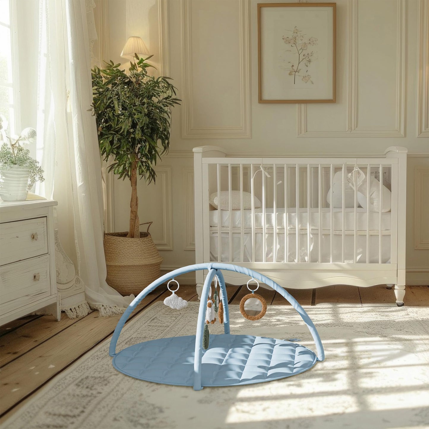 Beautiful Baby Play Gym and Tummy Time Mat - Soft Cotton Mat with 6 Cute Toys Creates The Perfect Activity Area for Your Girl/Boy - Stylish Infant Floor Playmat Fits Nicely with Any Playroom Decor