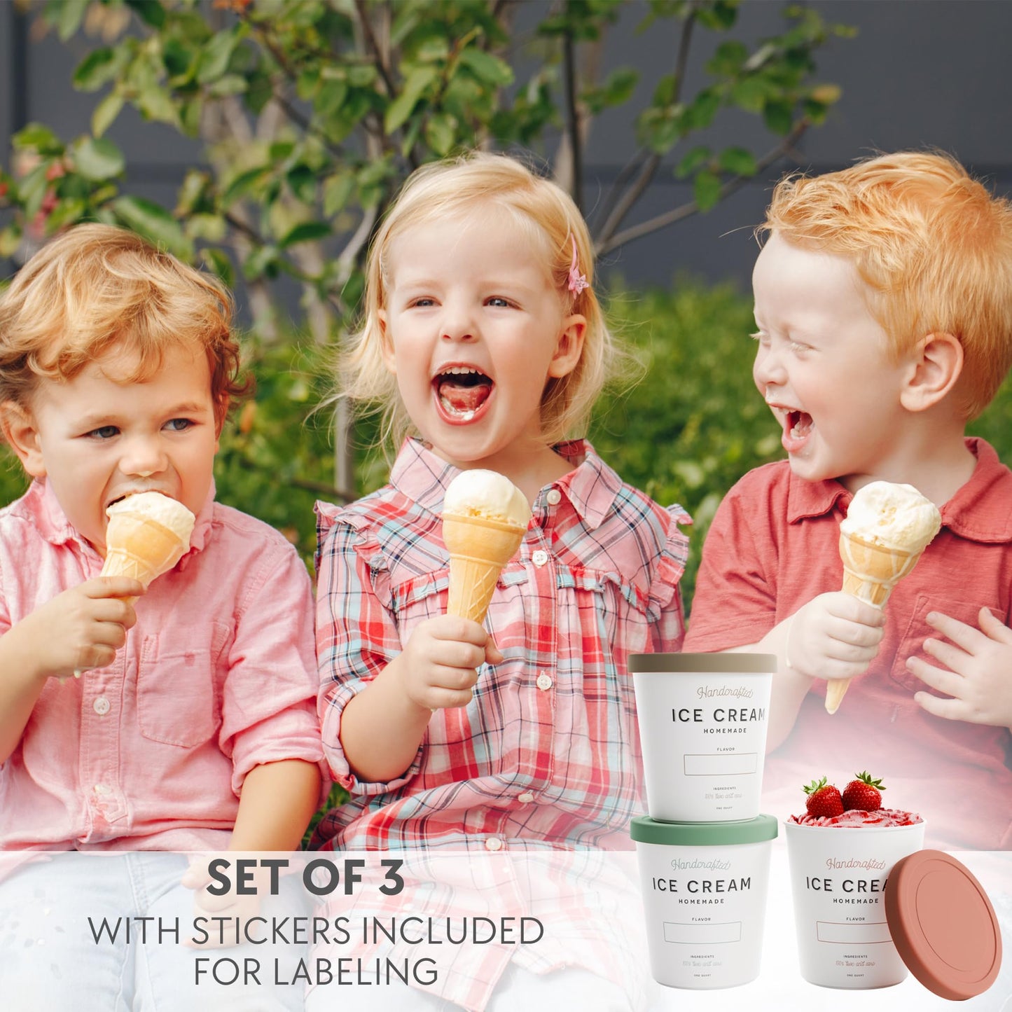 ZICOTO Set of 3 Reusable Ice Cream Containers 1 Quarts ea. - Perfect for Homemade Sorbet, Frozen Yogurt Or Gelato - Stackable Storage Pint Containers, Stickers And Lids Stores Easily In Freezer