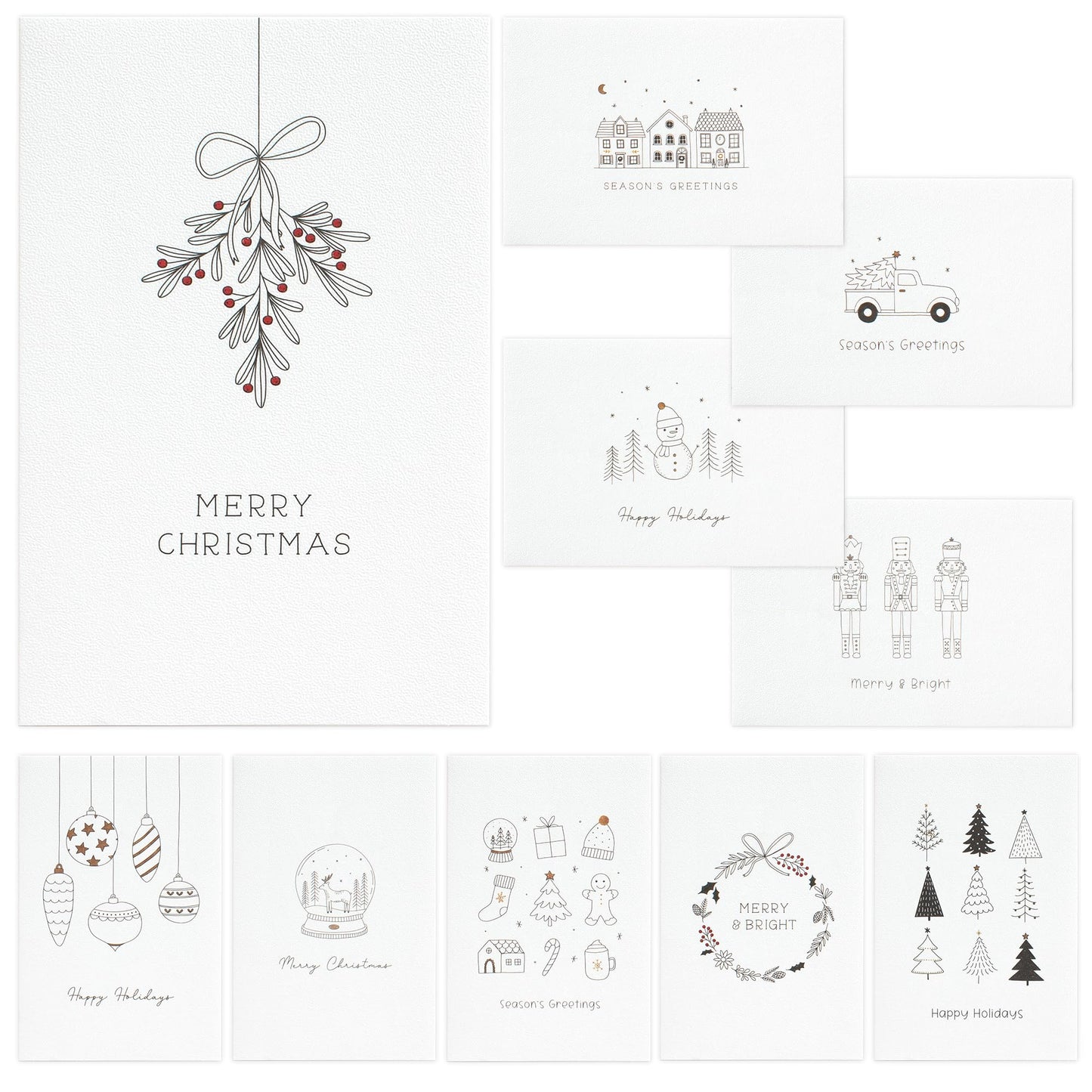 ZICOTO Beautiful Doodle Christmas Cards Set of 20 - Incl. Bulk Envelopes, Matching Stickers And Storage Box - Perfect to Send Warm Holiday Wishes to Friends and Family