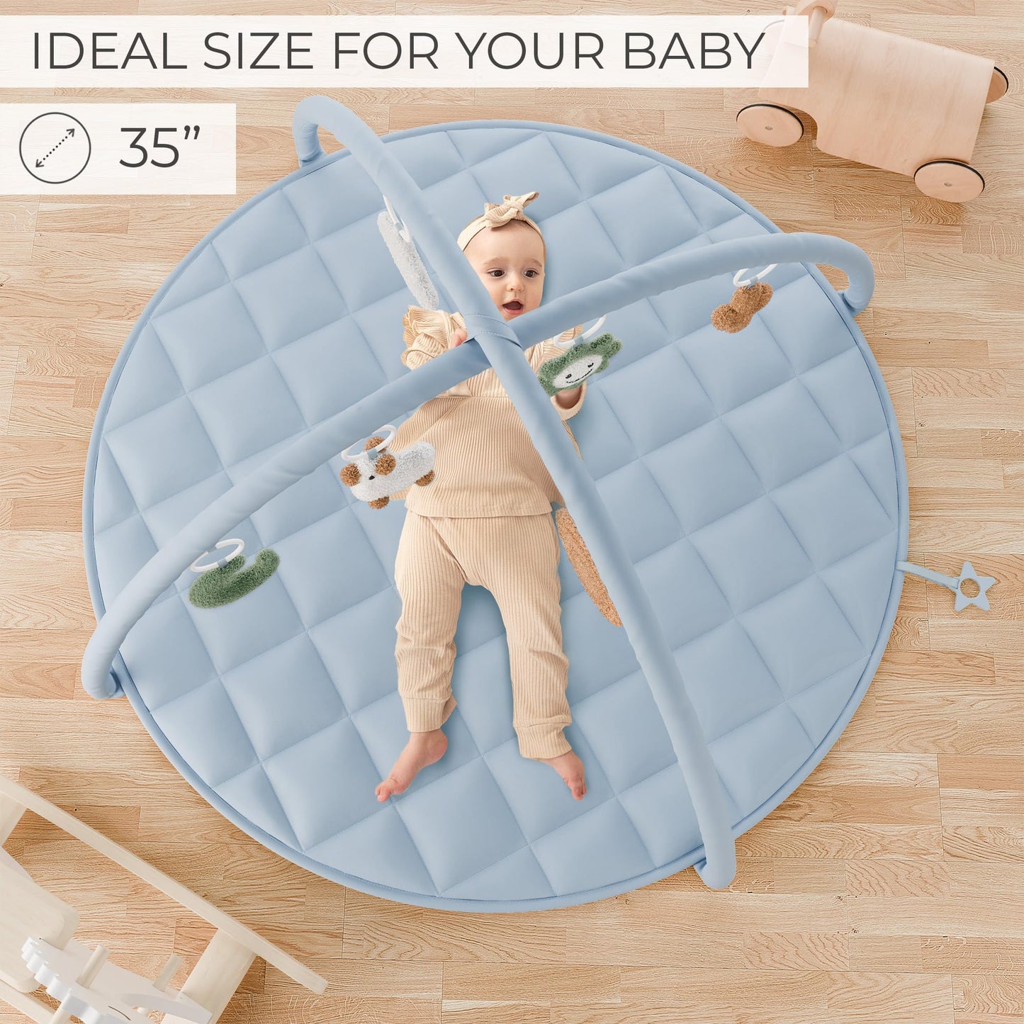 Beautiful Baby Play Gym and Tummy Time Mat - Soft Cotton Mat with 6 Cute Toys Creates The Perfect Activity Area for Your Girl/Boy - Stylish Infant Floor Playmat Fits Nicely with Any Playroom Decor
