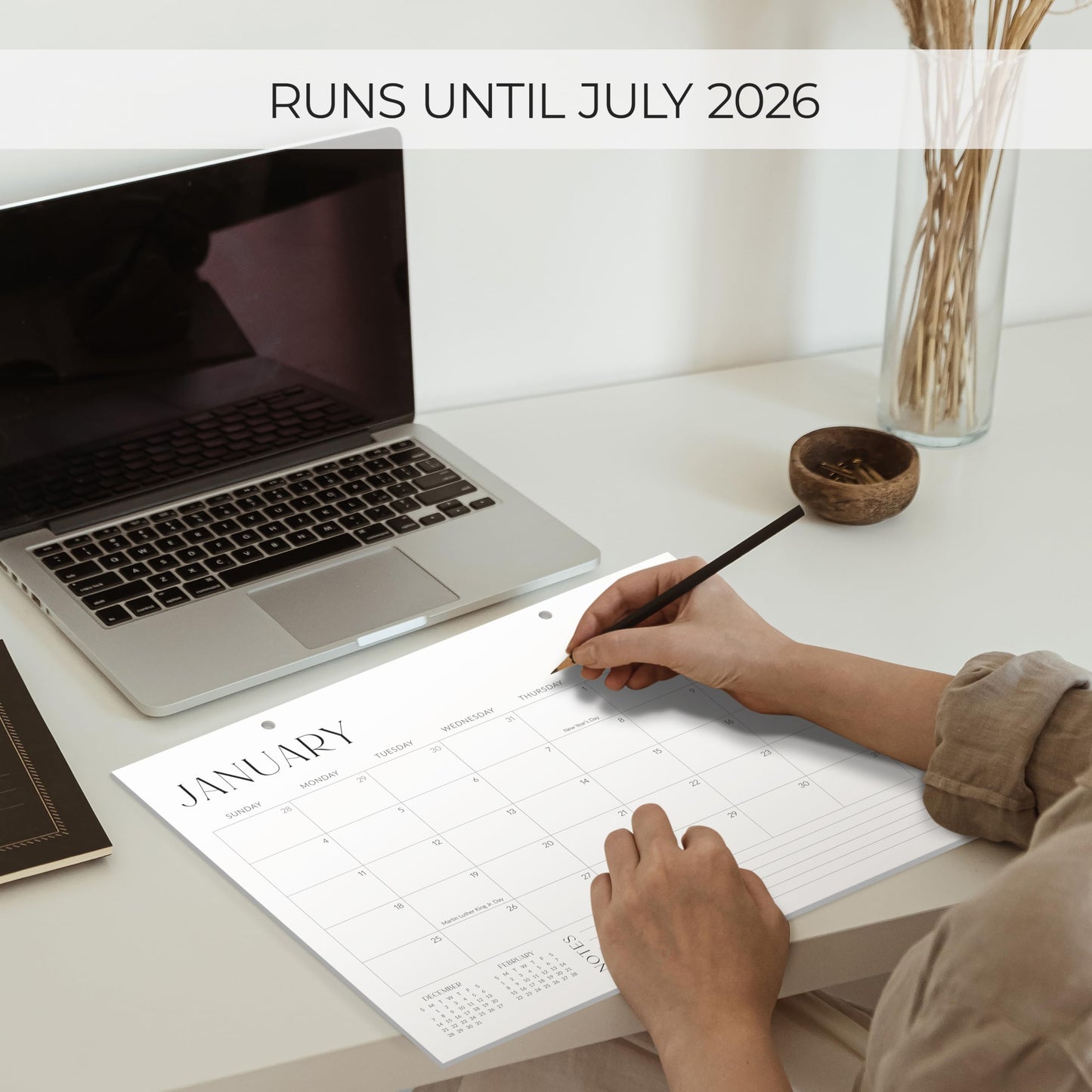 Aesthetic Desk Calendar 2025-2026 - Runs from January 2025 Until July 2026 - Minimalistic Office Desktop/Wall Calendar 16"x12" for Easy Organizing