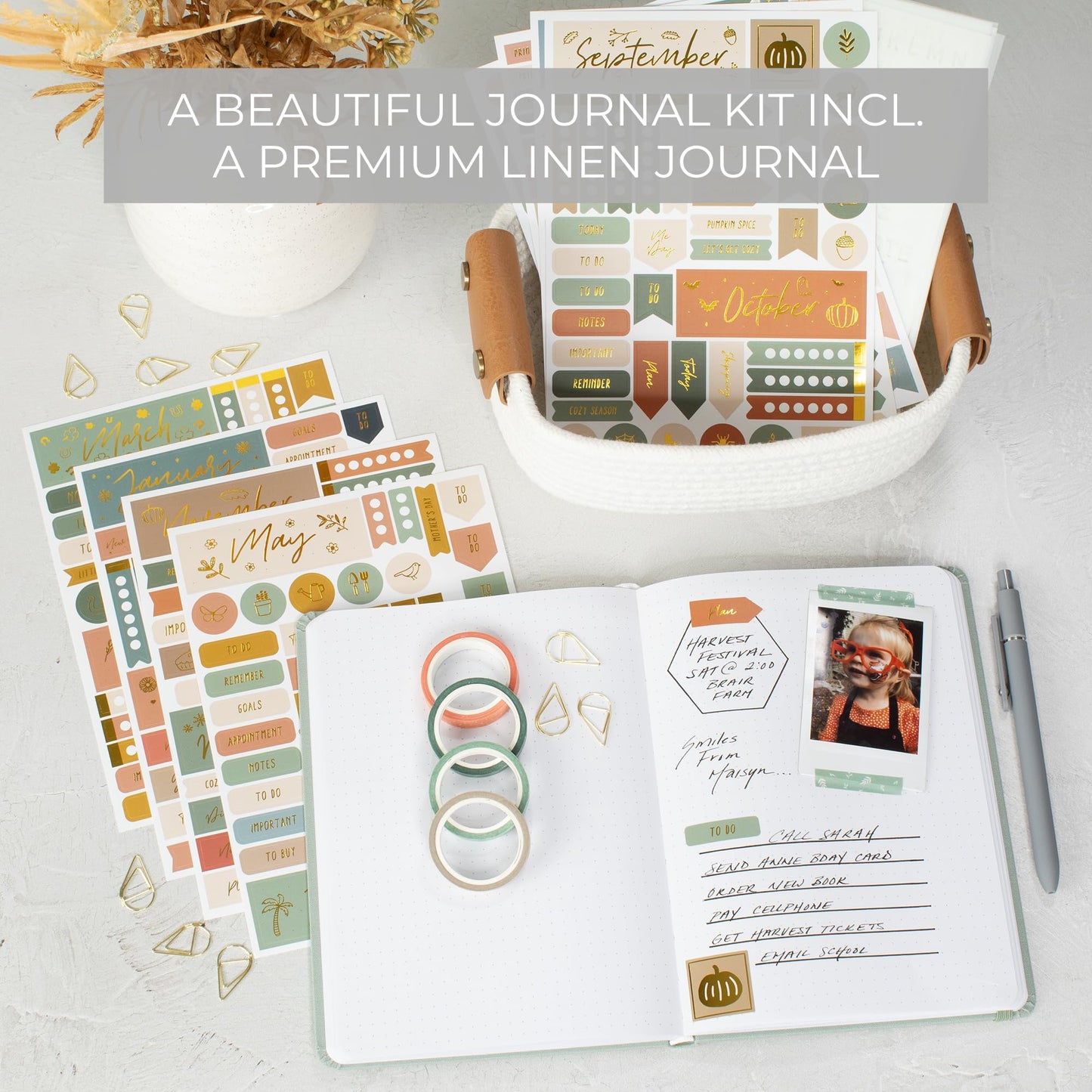 ZICOTO Ultimate All-in-One Journaling Kit - Incl. Journal Notebook With Linen Hardcover and Dotted Pages, Stencils, Stickers, Washi Tapes, Paper Clips and More Bullet Checklist Supplies