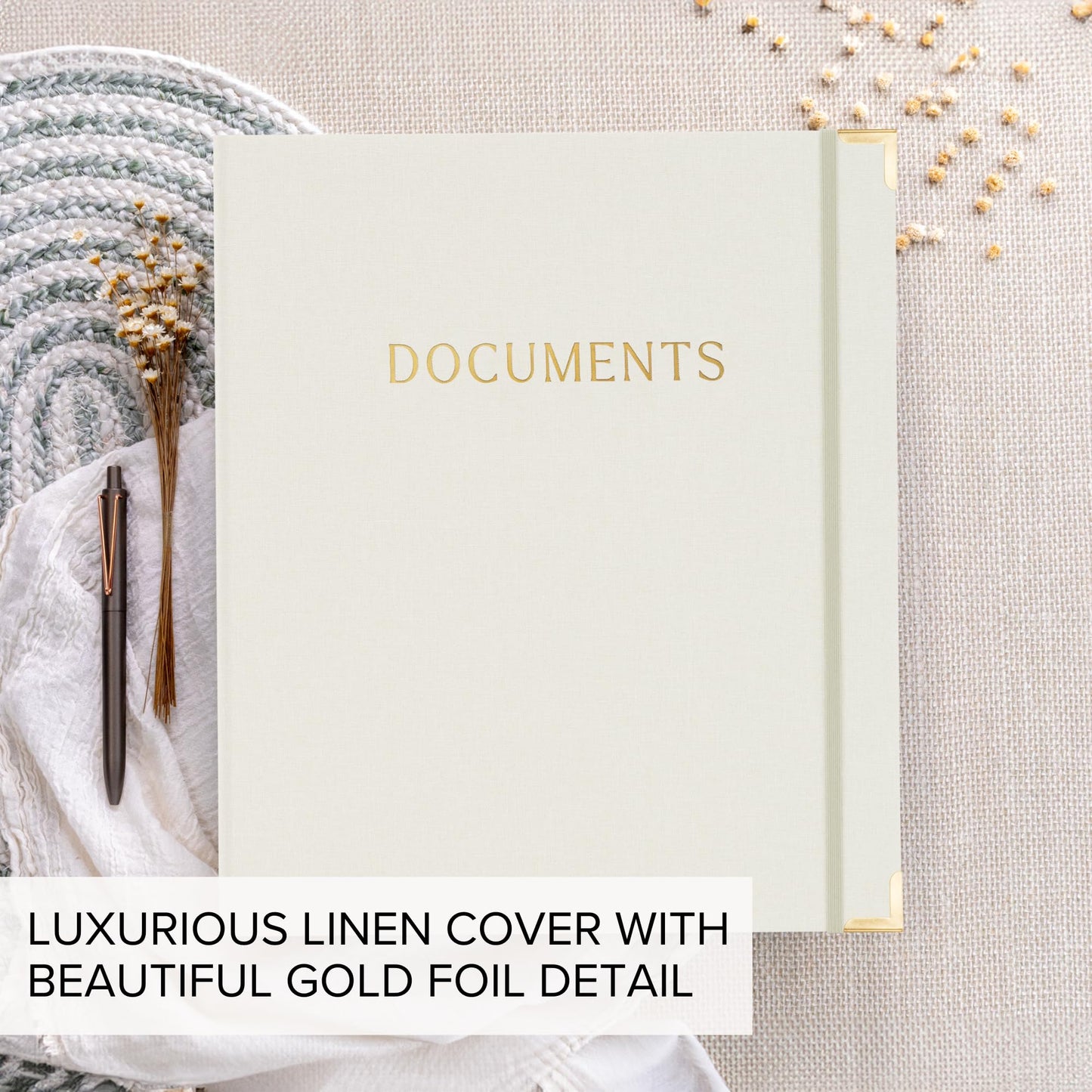 Aesthetic Document Organizer - Sturdy Linen 3-Ring Binder Safely Stores All Your Important Documents and Files in One Place - Easy to Use Expanding Storage Folder Incl. Envelopes, Pockets & Labels