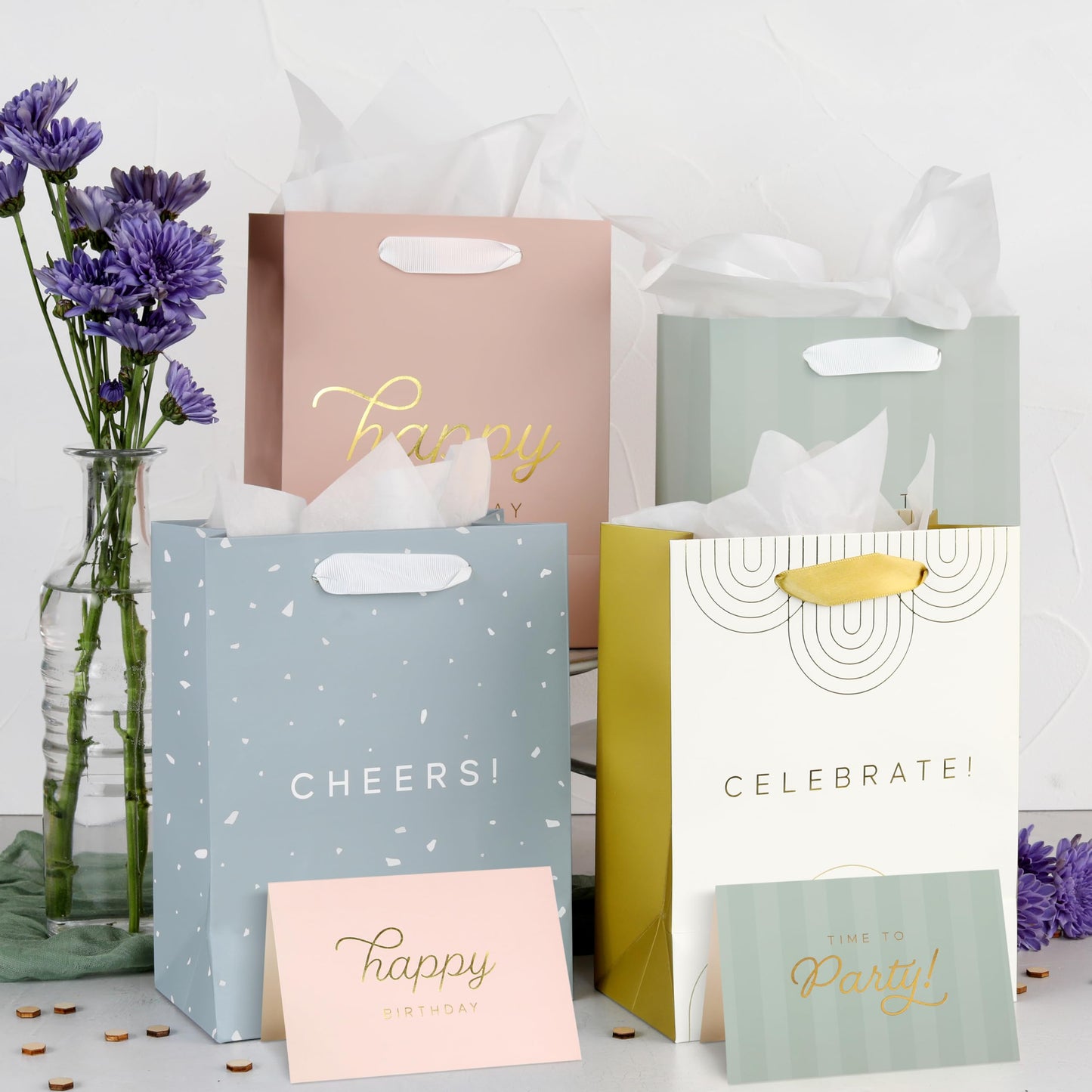Beautiful Birthday Gift Bags Set of 4 - Medium Sized 9" Gift Bags with Handles incl. Matching Tissue Paper, Cards & Stickers - Reusable & For Presents of Any Weddings, Mothers Day or Other Occasion