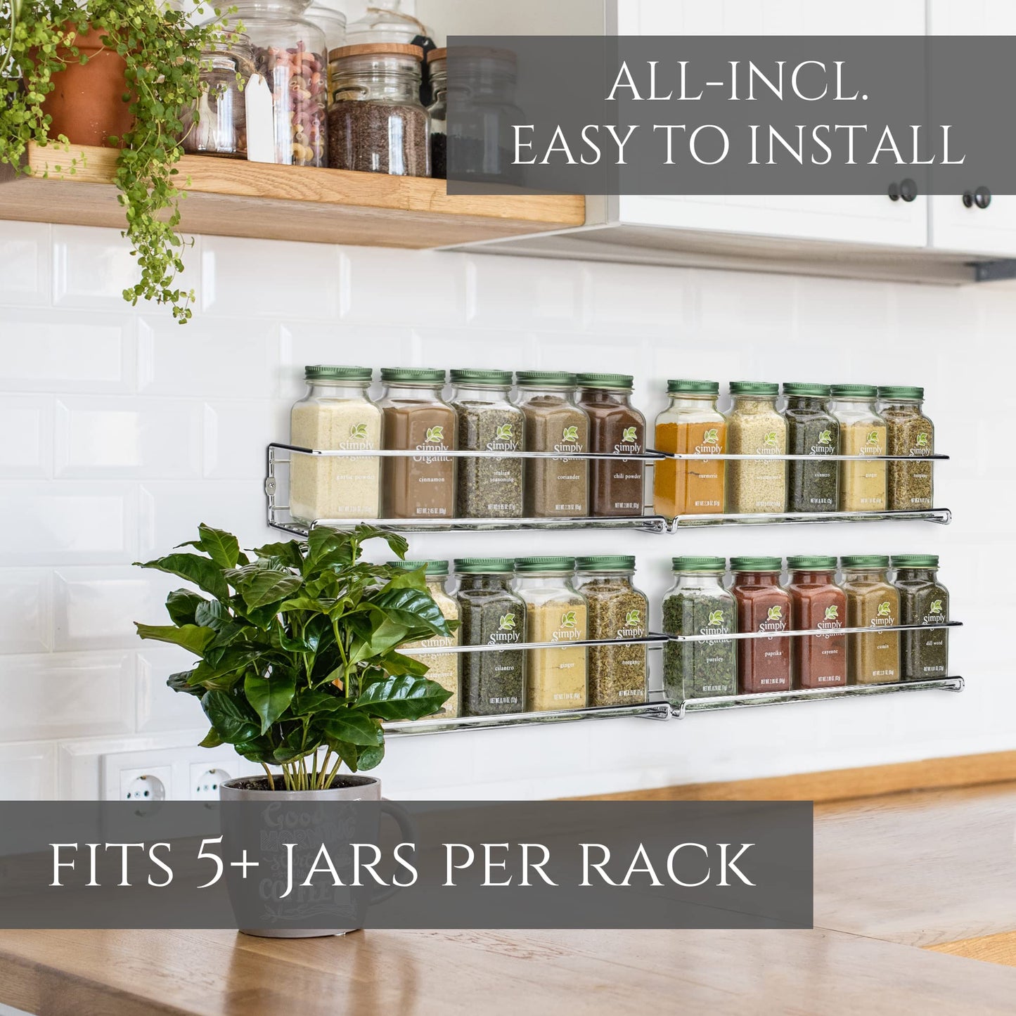 ZICOTO Premium Spice Rack Organizer for Cabinets or Wall Mounts - Space Saving Set of 4 Hanging Racks - Perfect Seasoning Organizer For Your Kitchen Cabinet, Cupboard or Pantry Door