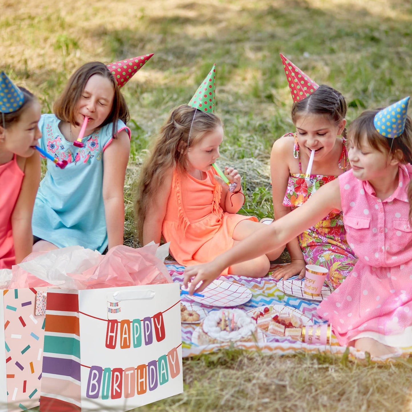 ZICOTO Beautiful Birthday Gift Bags Set of 2 - Large 16" Bags with Handles incl. Matching Tissue Paper, Cards & Stickers - Reusable and Perfect For Presents…