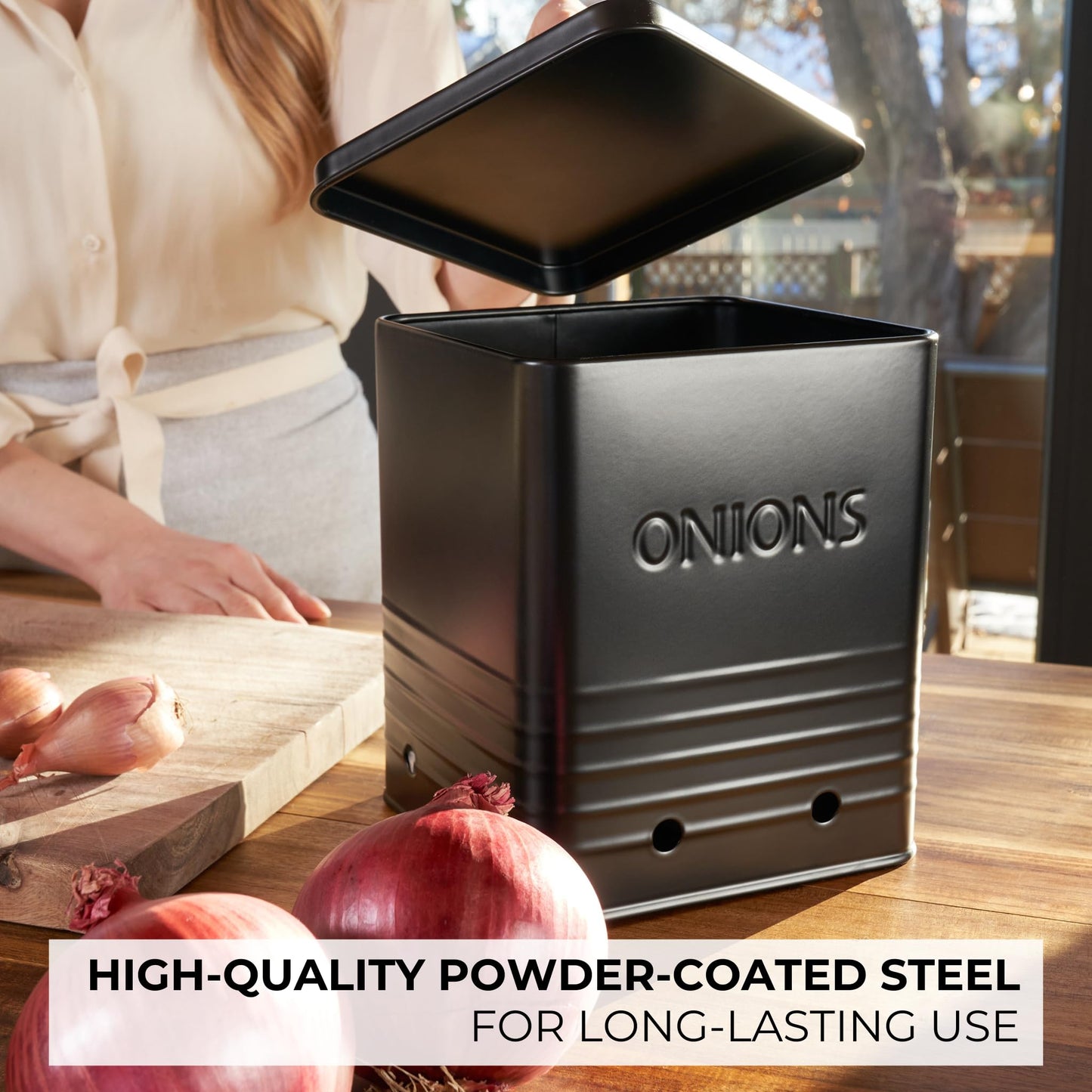 Beautiful Potato and Onion Storage Container Set - Perfectly Sized Spacious Canisters For Your Kitchen Counter Or Pantry - Quality Food Safe Metal Bins Keep Your Produce/Vegetables Fresh Longer
