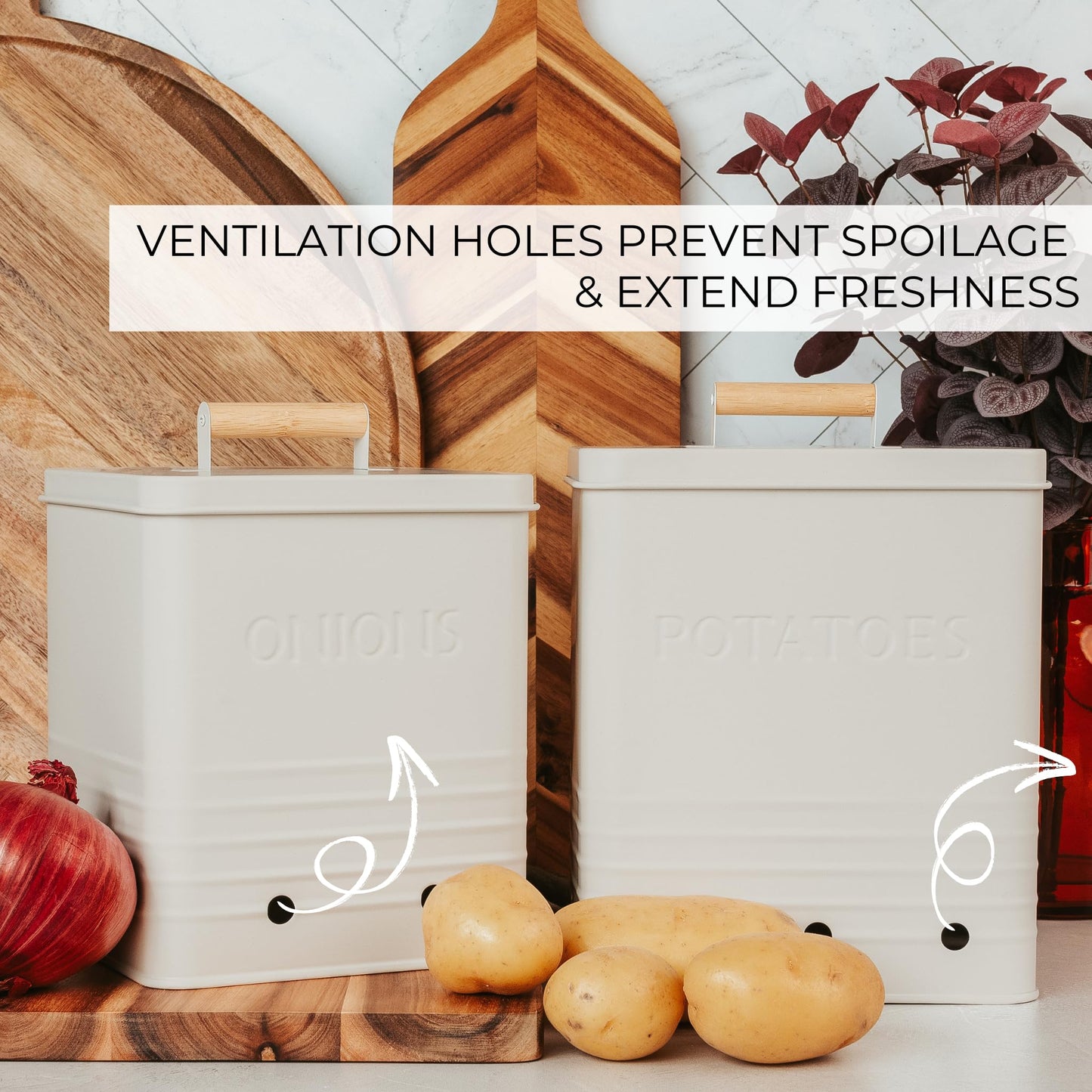 Beautiful Potato and Onion Storage Container Set - Perfectly Sized Spacious Canisters For Your Kitchen Counter Or Pantry - Quality Food Safe Metal Bins Keep Your Produce/Vegetables Fresh Longer
