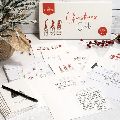 ZICOTO Beautiful Modern Christmas Cards Set of 20 - Incl. Bulk Envelopes, Matching Stickers And Storage Box - Perfect to Send Warm Holiday Wishes to Friends and Family